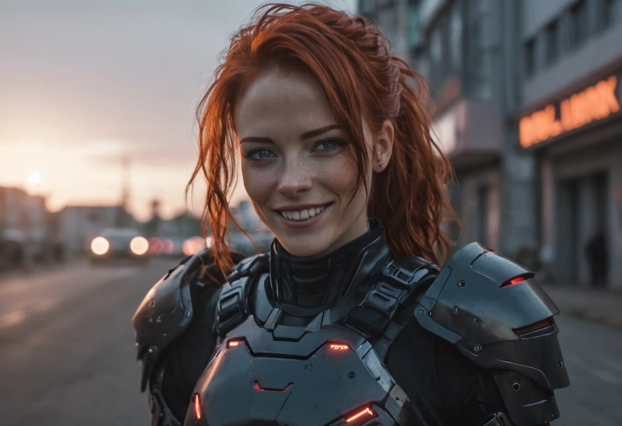 cinematic, aesthetic, a 30yo redhead woman, black armour, grinning, cyberpunk, 4k, HDR, dusk, lens flare