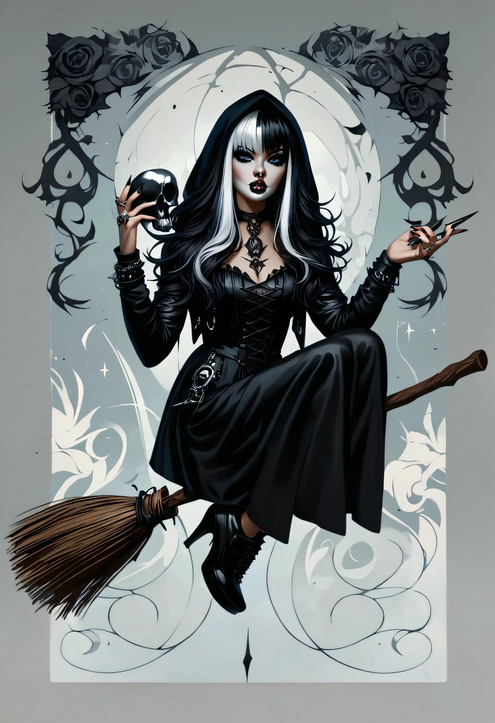 score_9, score_8_up, score_7_up,<lora:Broom_Riding_PONY_XL:1>, broom riding, broomriding, 1girl, skull, solo, gothic, flower, black nails, rose, black hair, black flower, multicolored hair, black rose, two-tone hair, white hair, jewelry, hood, makeup, piercing, nose piercing, blue eyes, long hair, ring, nail polish, lip piercing, lipstick, candle, split-color hair, looking at viewer, holding skull, bangs, grey eyes, sitting on broom, flying, full body, full body visible,