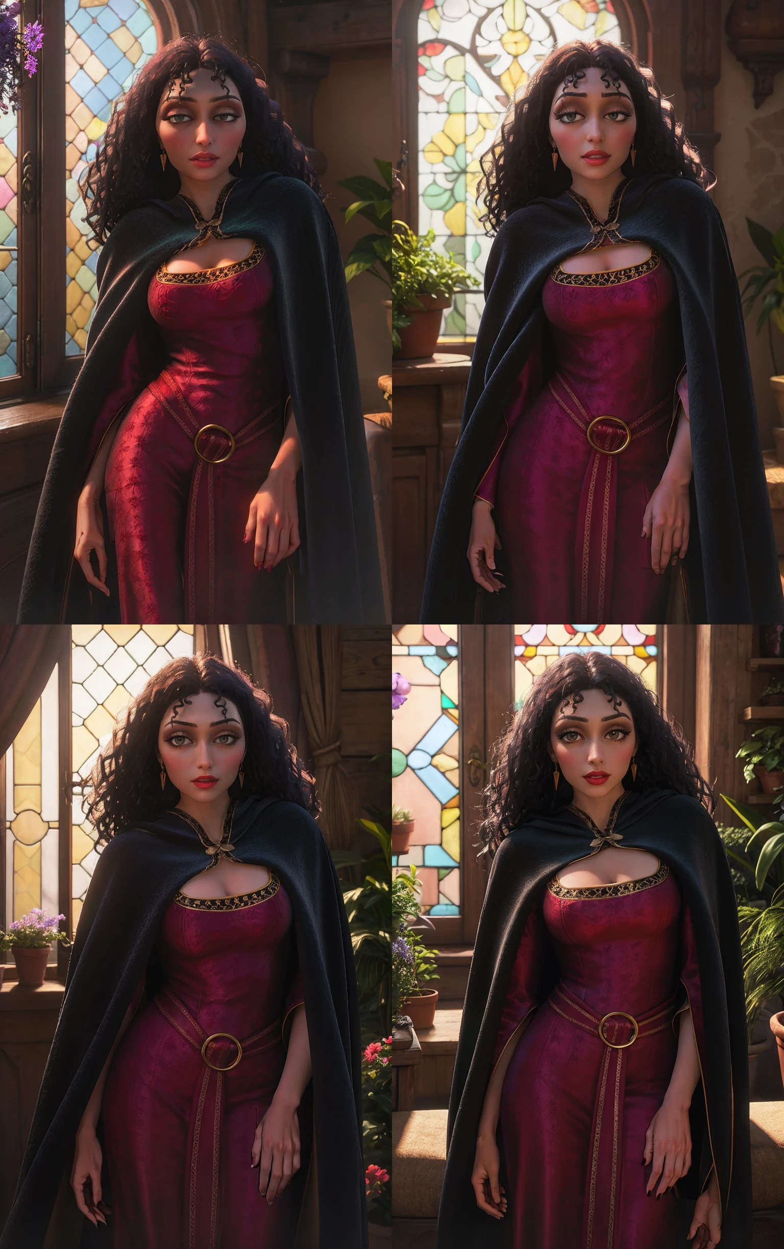 BlackCape_MotherGothel_ownwaifu,
1girl, long hair, curly hair, wavy hair, black hair, black eyes, dark skin, dark-skinned female, lips, red lips, medium breasts, breasts, cleavage, lipstick, makeup, jewelry, earrings, belt,
cape, cloak, blue cloak, wide sleeves, red dress, dress, long dress,
{<lora:CARTOON_MotherGothel_ownwaifu:1> |<lora:CARTOON_MotherGothel_ownwaifu:0.9> |<lora:CARTOON_MotherGothel_ownwaifu:0.8> |<lora:CARTOON_MotherGothel_ownwaifu:0.7> },
((masterpiece)),((best quality)),(highres, absurdres), original, official_art, chromatic_aberration, bokeh, depth_of_field, window, wisteria, loaded_interior, skylight, sunset, indoors, window_shade, potted_plant, focused, looking at viewer, solo, cowboy shot,