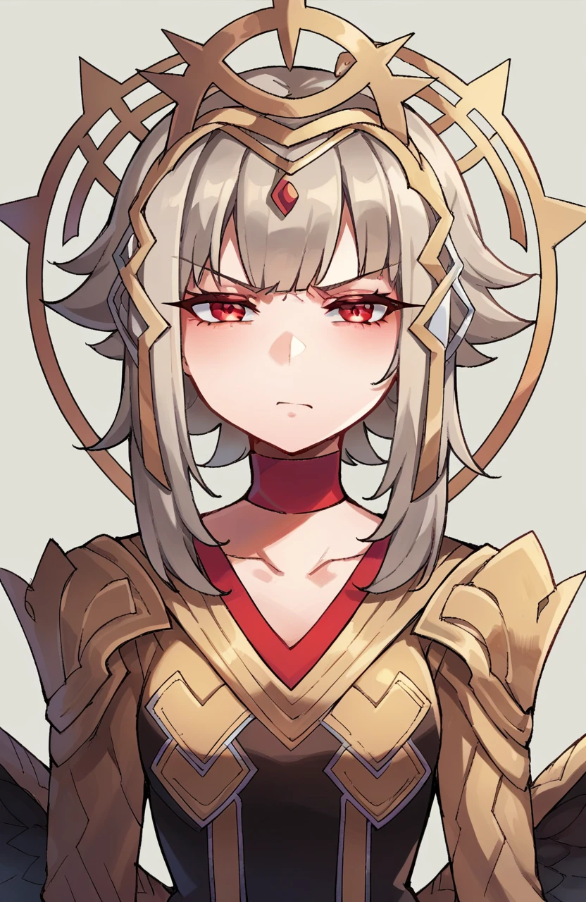 score_9, score_8_up, score_7_up, score_6_up, score_5_up, score_4_up, BREAK source_anime,  <lora:FEH_Veronica_pony:1>, feh_veronica, solo, 1girl, short hair, hair ornament, dress, crown, red eyes, grey hair, wings, choker, long sleeves, upper body, simple background, looking at viewer, annoyed face