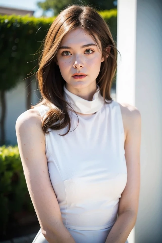 1girl,white dress,turtleneck,sleeveless,blurry background,sexy pose,best quality,masterpiece,illustration,an extremely delicate and beautiful,CG,unity,8k wallpaper,Amazing,finely detail,masterpiece,official art,extremely detailed CG unity 8k wallpaper,incredibly absurdres,huge filesize,ultra-detailed,highres,extremely detailed,beautiful detailed girl,realistic,outdoors,light contrast,,<lora:Elle Fanning_20240508044756:0.8>
