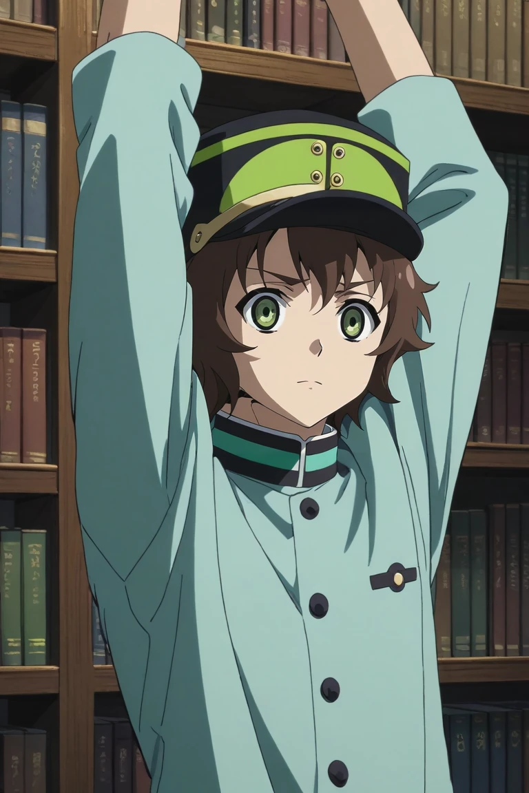 score_9, score_8_up, score_7_up, source_anime, rating_safe, intricate details, anime screencap, anime coloring, , , , 1boy, solo, male focus, <lora:yoichi_saotome_pony:0.98>, yoichi_saotome, brown hair, green eyes, short hair, hat, focused, library, books, indoors, arms above head, giggling, luau costume, <lora:sdxl_lightning_8step_lora:1>