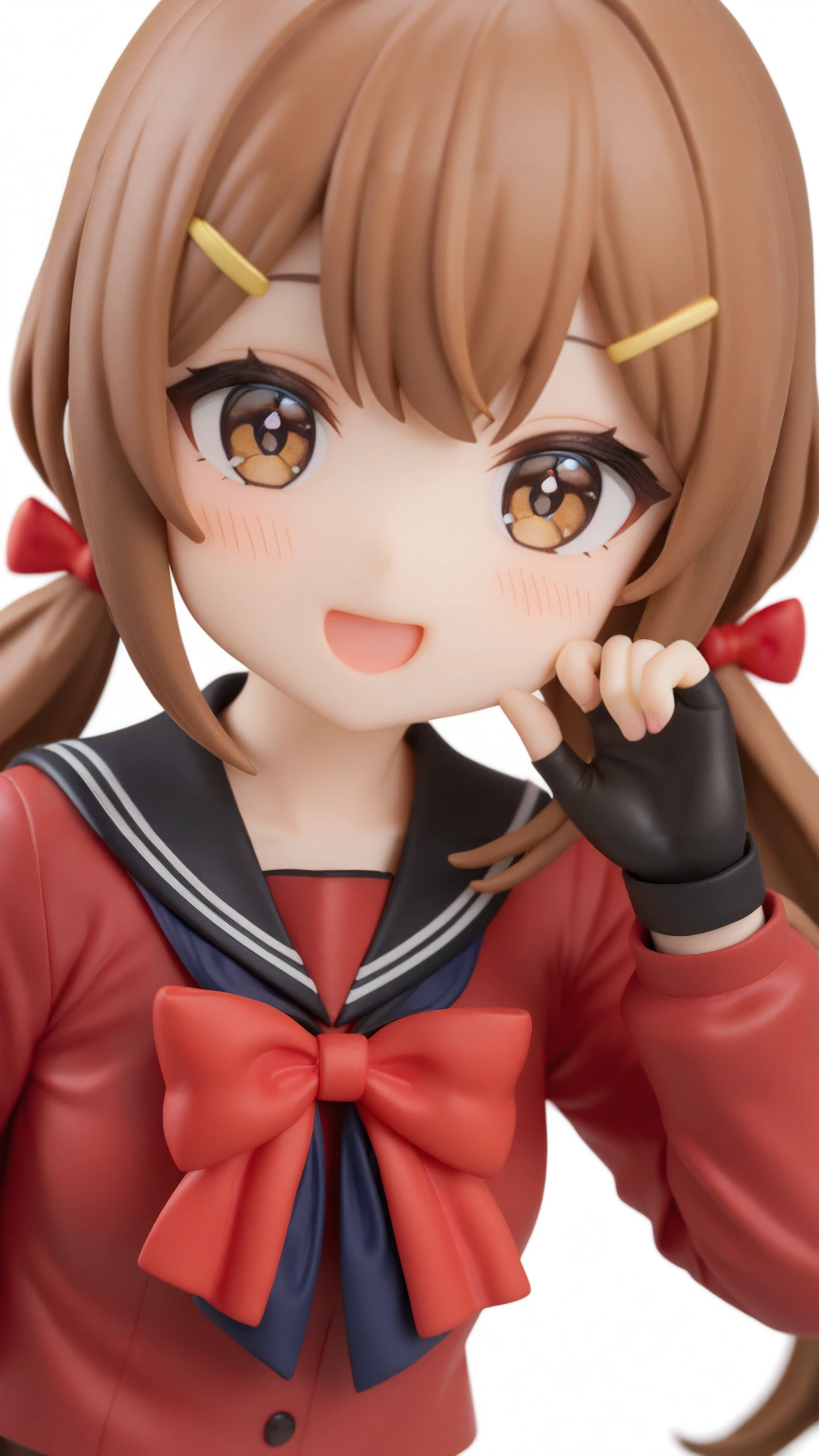 1girl,
solo,star \(symbol\),looking at viewer,upper body,blush,open mouth,fingerless gloves,hairclip,brown eyes,low twintails,black sailor collar,simple background,sailor collar,smile,black gloves,school uniform,gloves,bow,long sleeves,hair bow,hand up,red shirt,shirt,brown hair,red bow,serafuku,long hair,white background,hair ornament,twintails,black neckwear,
masterpiece,best quality,safe,