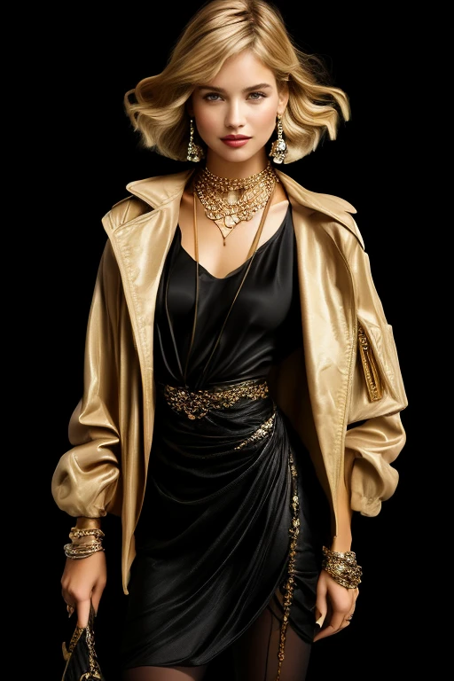 masterpiece,best quality,ultra_detailed,<lora:BellissimaSD1.0:0.8> bellissima, 1girl, smile <lora:ArmaniStyleSD:1> armani style, haircut style flapper bob, blonde hair, brown hair, double-breasted jacket, silk top, skirt, silk stockings, high heels, shoulder bag, chain necklace, earrings, black theme,by Mario Testino