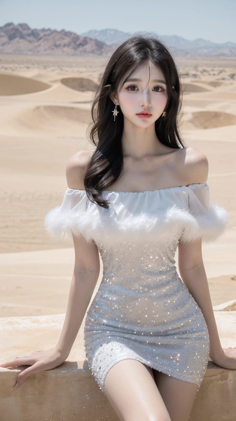 masterpiece,best quality,bright colors,solo,photo_,(1girl:1.3),(sitting:1.3),(looking at viewer:1.4),Elegant,detailed gorgeous face,(cowboy shot:1.4),realistic,dappled sunlight,(desert background:1.4),sun,,MIS,shiny dress,fur trim,<lora:MIS46:0.75>