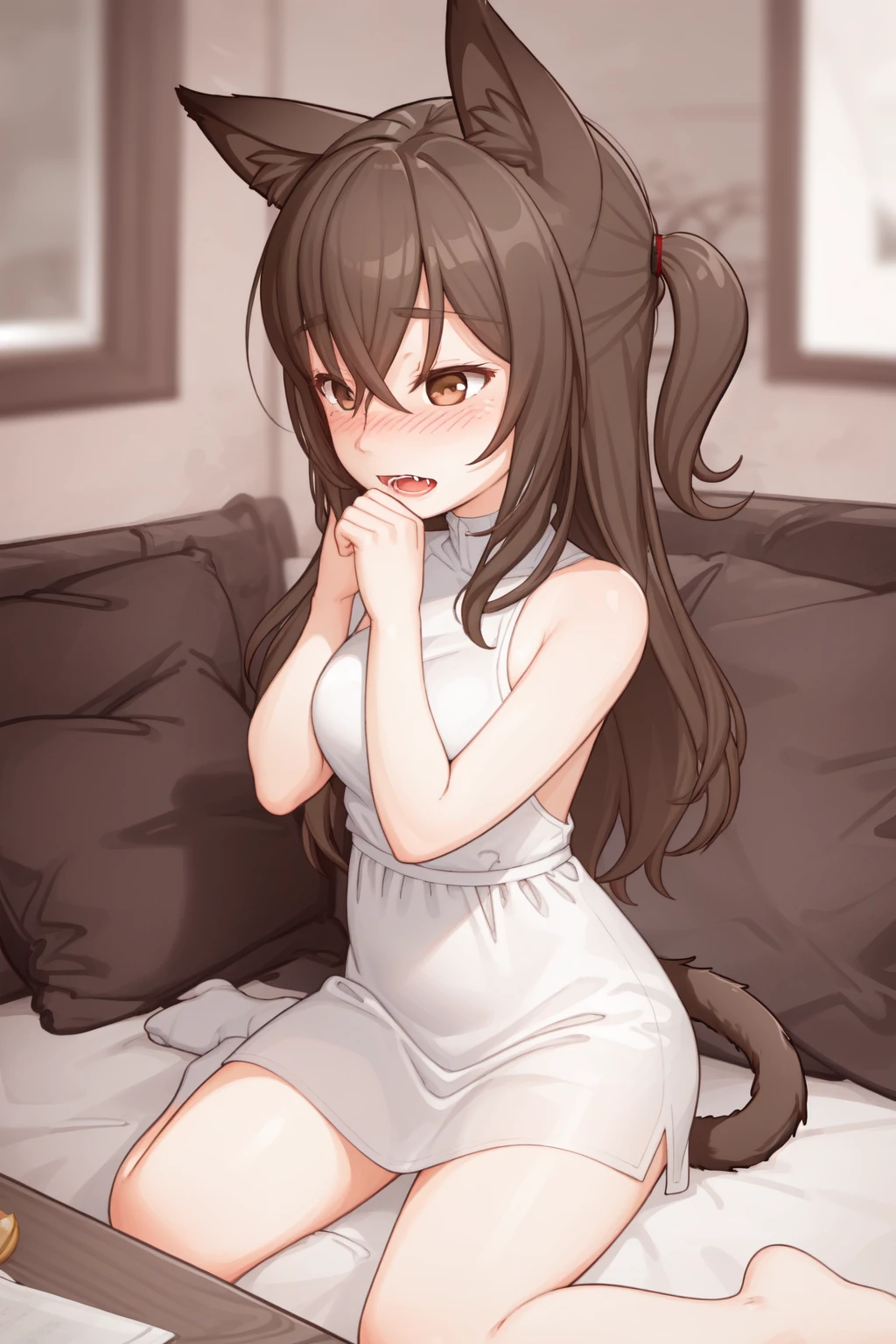 (masterpiece, best quality:1.2), 1girl, large breasts, brown hair, hair between eyes, brown eyes, full face blush, looking away, animal ears BREAK white dress, tail, open mouth, hand on own mouth, close-up, (tongue:0.6), fangs, living room