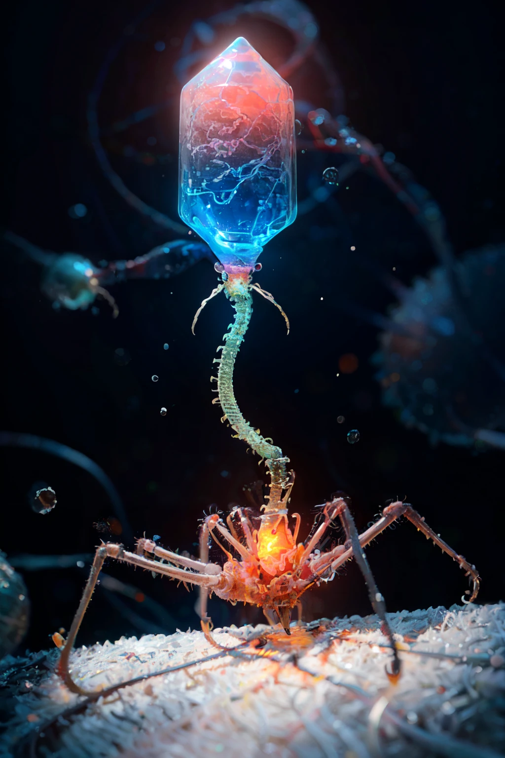 ((masterpiece,best quality)), absurdres,   <lora:Bacteriophage:0.8>,  Bacteriophage, simple background, no humans, blue background, bug, still life