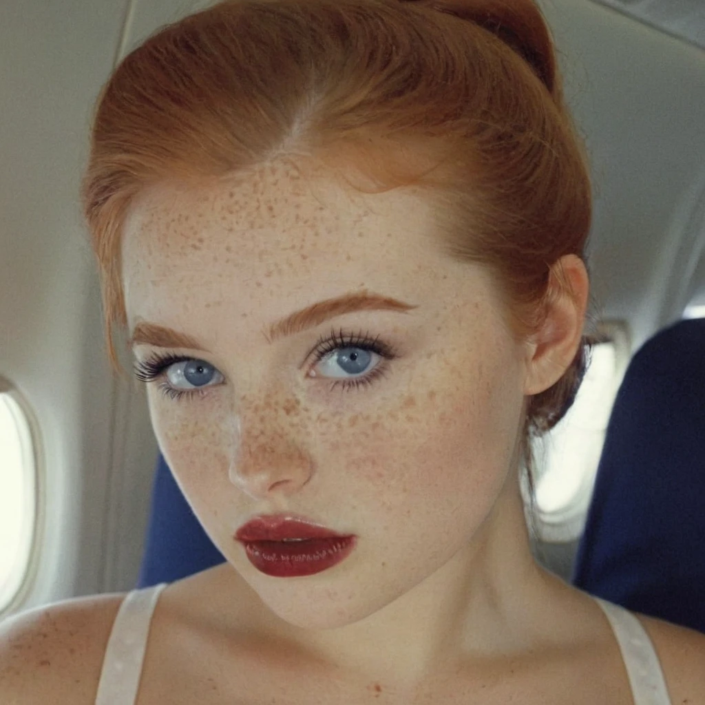 analog film photo EuroBabe, Eastern, busty, ginger, freckles, lingerie, dark lipstick, makeup, sharp detailed perfect eyes, blue eyes, moles, detailed skin, flight attendant, plane . faded film, desaturated, 35mm photo, grainy, vignette, vintage, Kodachrome, Lomography, stained, highly detailed, found footage
