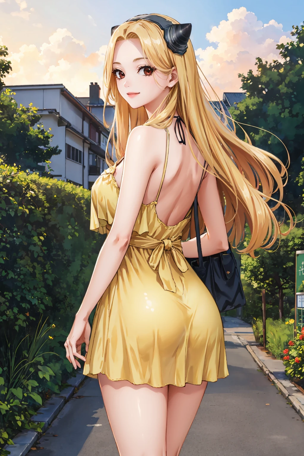 masterpiece, best quality, 1girl, solo <lora:dsminami-nvwls-v1-000009:0.9> hokutozai minami, fake horns, hairband, (yellow sundress:1.25), lace trim, from behind, sunset, garden, smile, large breasts