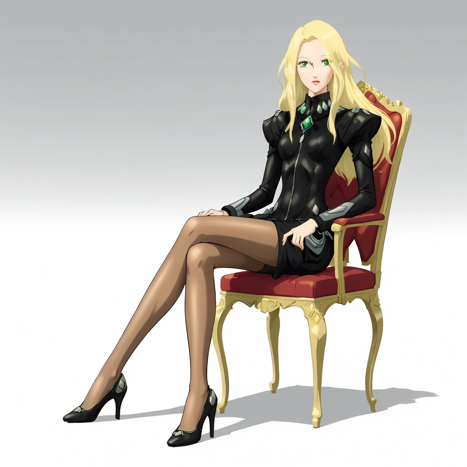 <lora:FatimaPasitheaXLpony002>,
solo,
FatimaPasithea,1girl,blonde hair,long hair,green eyes,
black body suit,black dress,
brown pantyhose,
high_heels,
full body,sitting,chair,