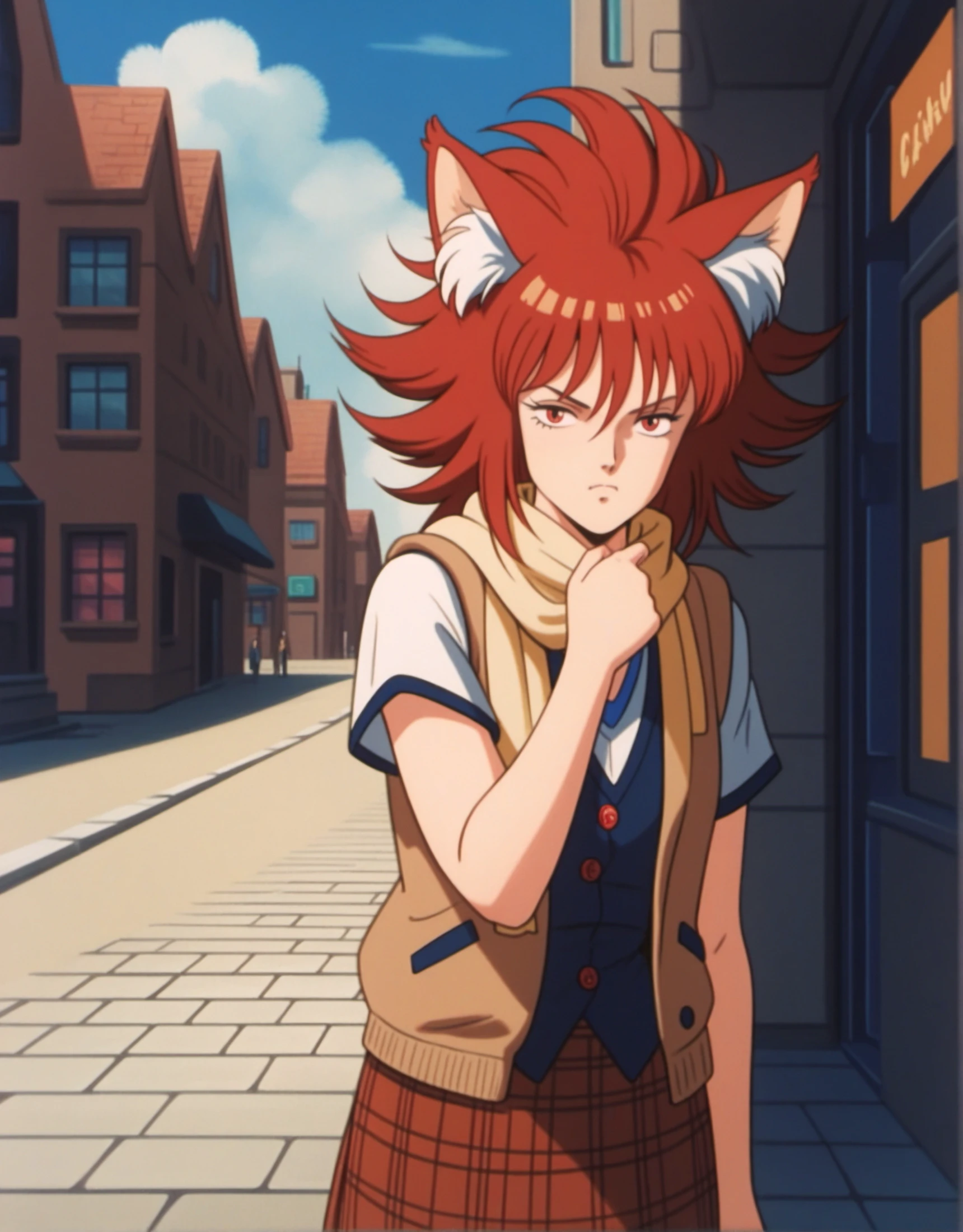 (HMLGZZ:0.7), (score_9, score_8_up, score_7_up, score_6_up, source_anime:0.7), 1girl, catgirl, red eyes, depressed, spiked hair, red hair, cardigan vest, plaid kilt, scarf, mature female, brown vest, outdoors, cobblestone street, historic buildings, charming cafes, european ambiance, white animal ear fluff