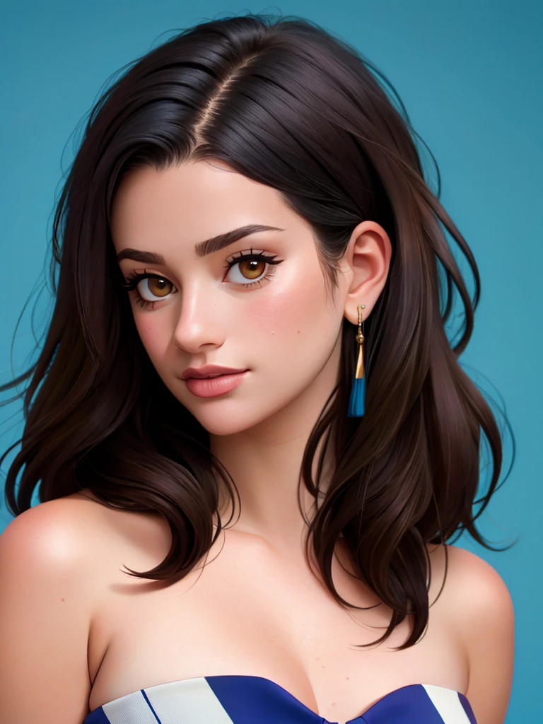 Realistic photo of a beautiful l34m1ch3l3 woman, 1girl, solo, long hair, looking at viewer, brown hair, brown eyes, jewelry, closed mouth, upper body, earrings, striped, lips, blue background, formal, realistic, soft Lighting, professional Photography, Photorealistic, detailed, RAW, analog, sharp focus, 8k, HD, DSLR, high quality, Fujifilm XT3, film grain, award winning, masterpiece<lora:l34m1ch3l3:1.0>