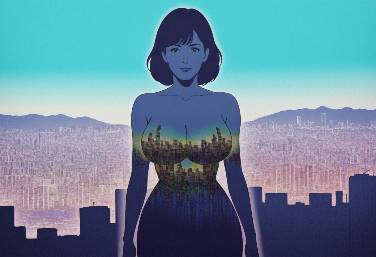 (double exposure), an anime illustration of a mature woman with large breasts and looking at the viewer is superimposed over an anime cityscape, cel shading, vivid colors, bold outlines, 
<lora:Double-Exposure-000008:1>