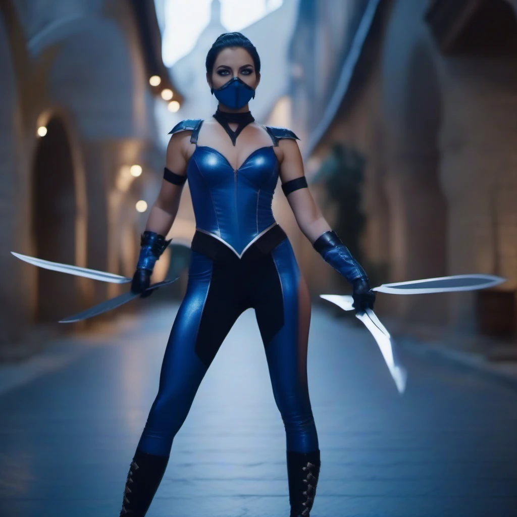 cinematic photo a full body woman with a wask in a blue costume holding blades in her hand<lora:Katina1024:0.8> . 35mm photograph, film, bokeh, professional, 4k, highly detailed