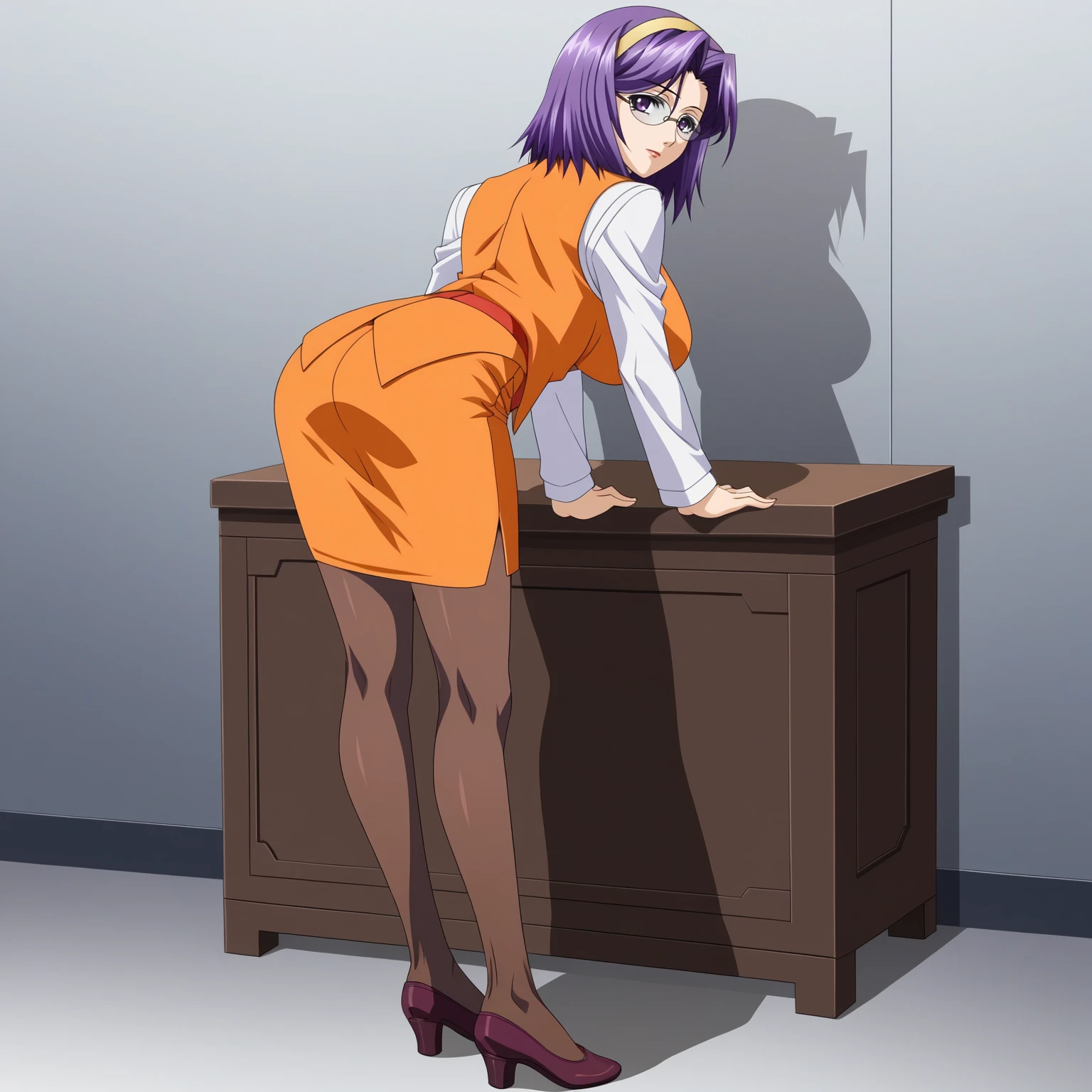 <lora:ChisaSakuraiXLpony001>,
solo,
ChisaSakurai,1girl,purple hair,hair band,medium hair,purple eyes,eyewear,large breasts,
orange suit,skirt_suit,white shirt,vest,long_sleeves,
pencil_skirt,
brown pantyhose,
full body,standing,looking back,leaning_forward,