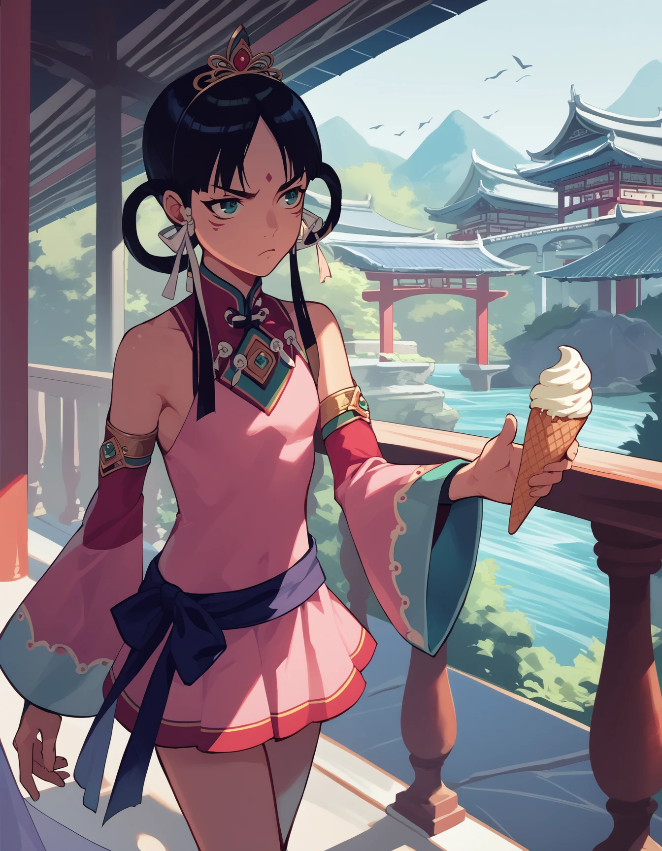 score_9, score_8_up, score_7_up, source_anime <lora:rayfa-ponyxl-000017:1> rayfa, tiara, bare shoulders, short dress, pink dress, detached sleeves,
1girl, pout, ice cream, bridge, outdoors, east asian architecture,