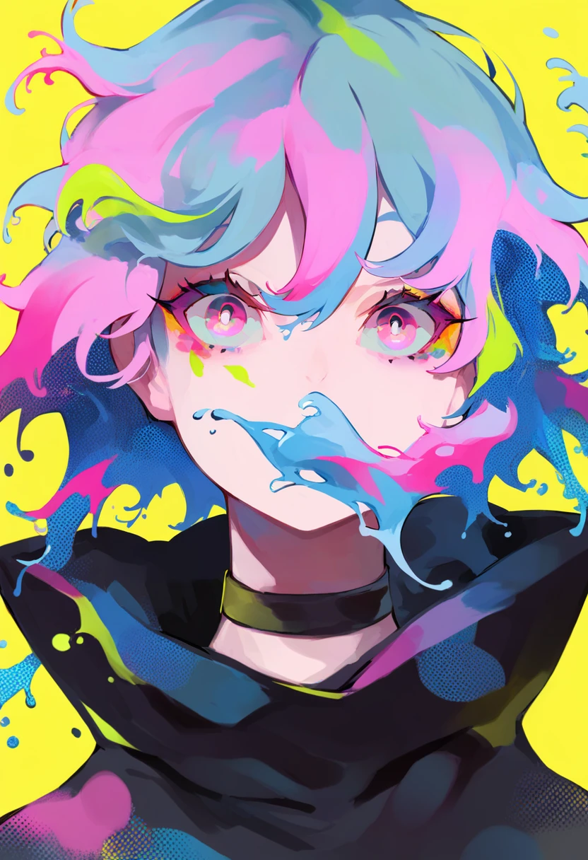 score_9, score_8_up, score_7_up, score_6_up, <lora:LAMXL_P6_lokr_V4236:0.95> solo, yellow background, choker, multicolored eyes, looking at viewer, 1girl, black choker, portrait, multicolored hair, simple background, blue hair, pink hair, hood, halftone, short hair, pink eyes, liquid hair, covered mouth, paint splatter, floating hair, colorful, hair between eyes, makeup, hood down