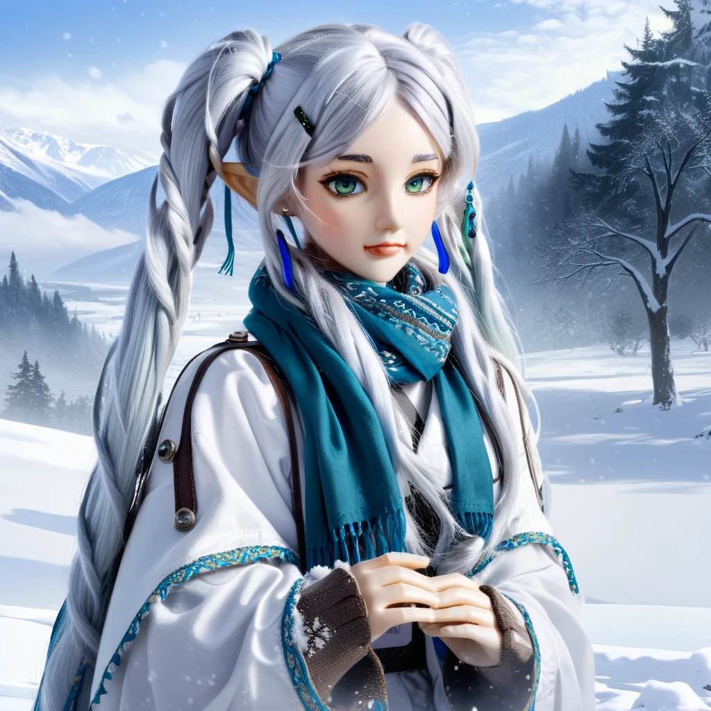 Digital art, masterpiece A detailed and cinematic wallpaper, closeup portrait of a girl Frieren standing in snow with blue scarf, green eyes, silver hair with twintails<lora:frieren_xl_2-000012:1>,<lora:twdoll:0.85>,full body,doll