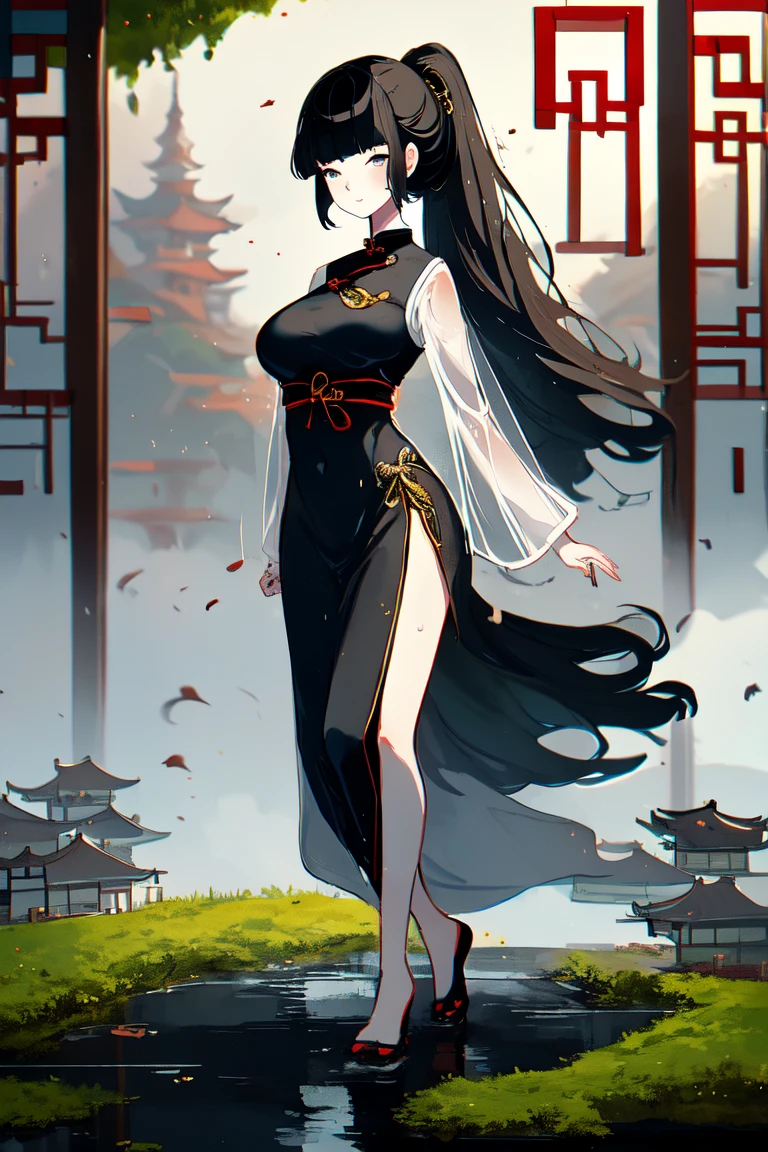 1 chinese girl,exquisite face,ponytail,blunt bangs,full_body,stand,large breasts,ancient chinese architecture,chinese wooden house,see-through,navel,white hanfu,dancing,wet ground,slab road,moss,stream,fog,morning sun,sun,