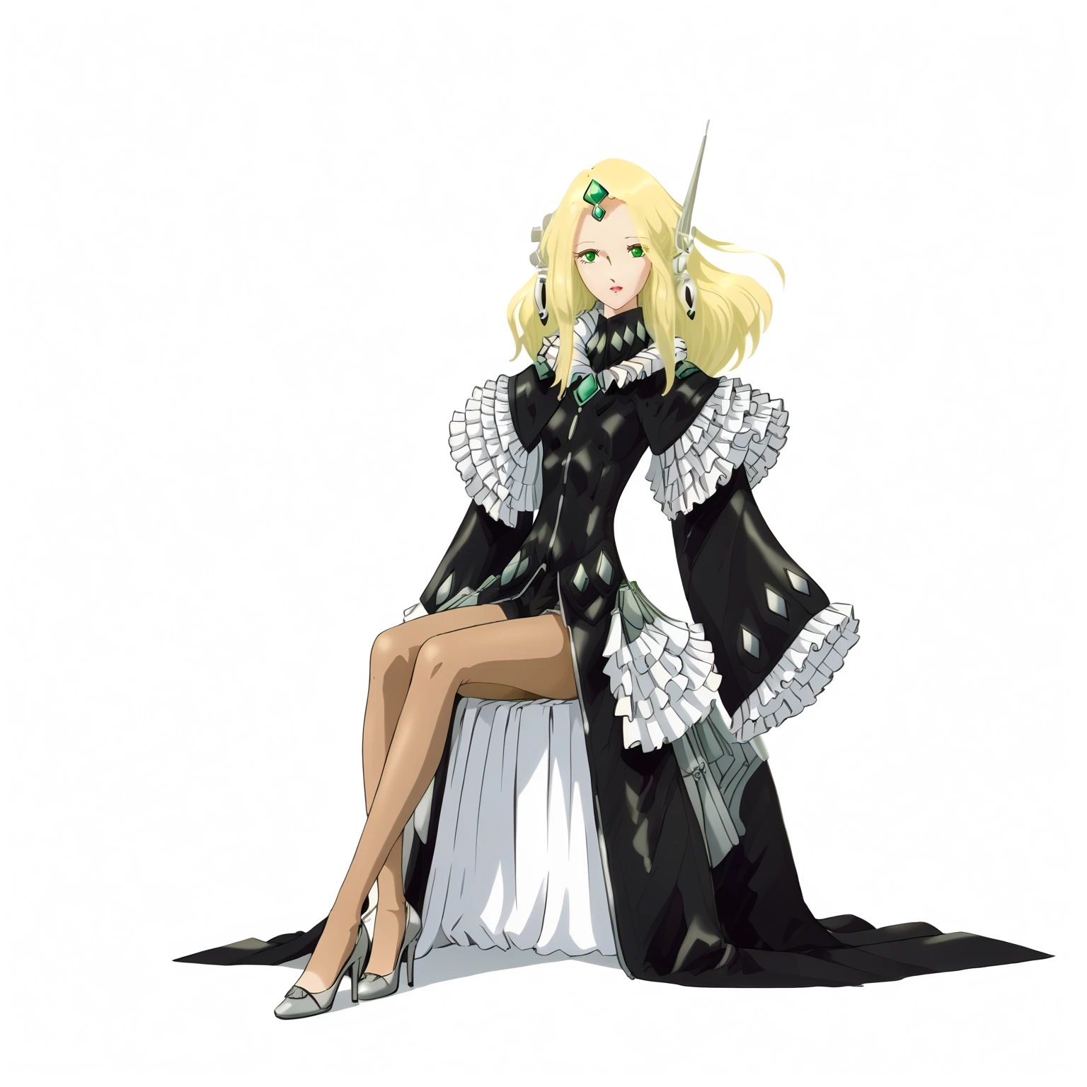 <lora:FatimaPasitheaXLpony002>,
solo,
FatimaPasithea,1girl,blonde hair,long hair,green eyes,
black body suit,black dress,long_sleeves,wide_sleeves,frill sleeve,
brown pantyhose,
high_heels,
full body,sitting,