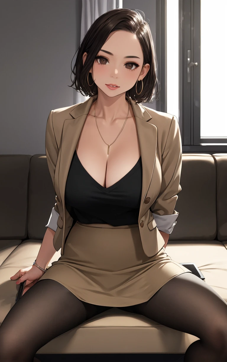 (masterpiece, best quality:1.4), insaneres, absurdres, solo, looking at viewer,BREAK 
OfficeLady_SenpaiSan_DoukiChan_ownwiafu, 
1girl, brown eyes, brown hair, jewelry, short hair, necklace, hoop earrings, forehead, collarbone, large breasts, nail polish, earrings, bracelet, hair behind ear, 
office lady, cleavage, brown jacket, black shirt, id card, pencil skirt, high-waist skirt, open clothes, brown skirt, formal, black pantyhose, sleeves rolled up, blazer, skirt suit, shirt tucked in, 
(sitting, spread legs), arms behind back, couch, window shade, indoors, <lora:ANIME_SenpaiSan_DoukiChan_ownwiafu:0.95> , depth of field, solo,