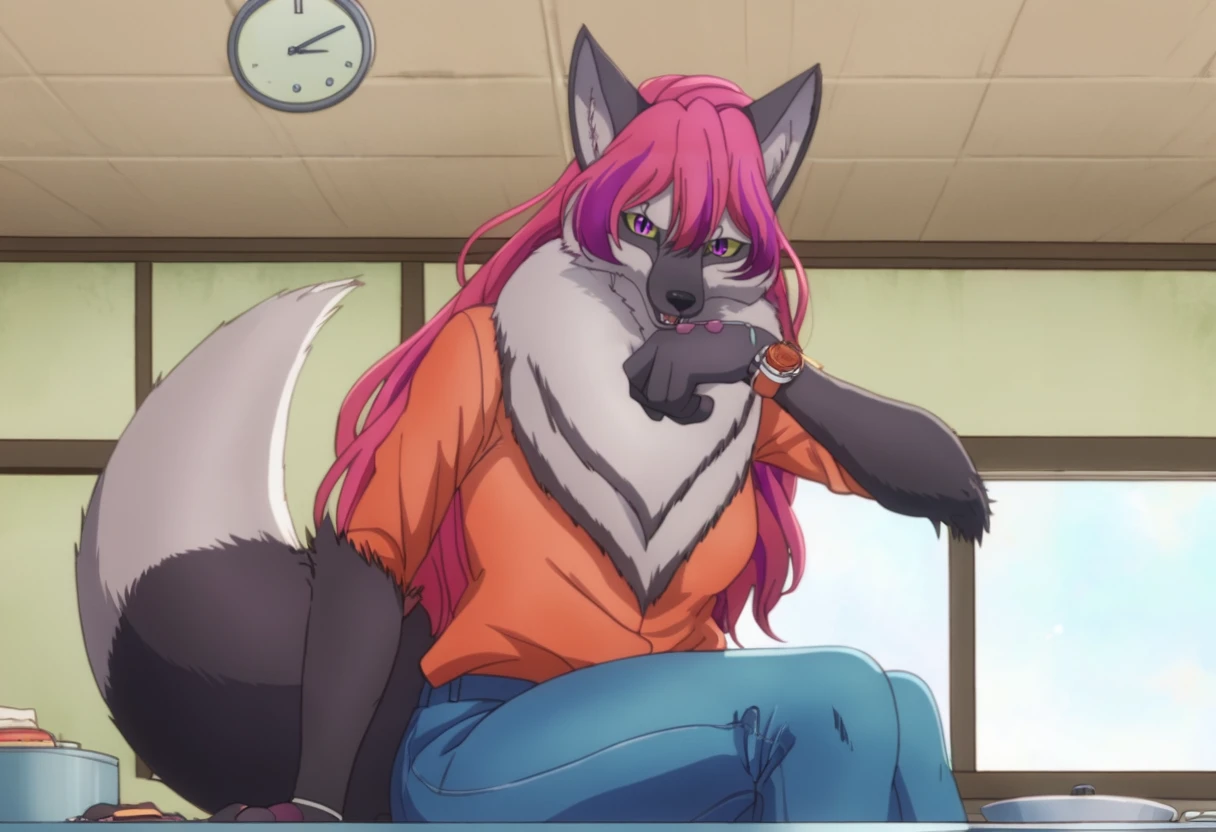 score_9, score_8_up, score_7_up, best quality, anime, kitchen background, red wallpaper, solo, thick lines, ghibli, sink, from below,
BREAK
tall athletic kemono female anthro fox sitting, grey fur, extremely fluffy, watch, looking at viewer, blue jeans, caterina-sue, <lora:caterina_lora_1:1>, detailed purple eyes with yellow sclera, face focus, black fox tail, pink hair, (orange t-shirt):1.4, orange shirt, upper body, close up, speaking, talking, mouth ajar, elbow tuft, arm tuft, fox snout