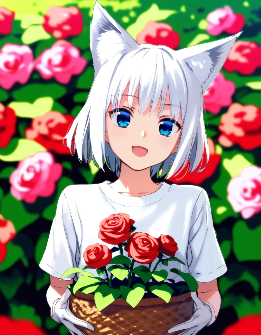 score_9, score_8_up, score_7_up, source anime BREAK 1girl, fox, cute, garden, flowers, gloomy, facing viewer, red rose, fox ears, :d, shirt, white gloves, day, open mouth, smile, blurry, white hair, bright blue eyes, flower pot, ^_^, short hair, animal ears, red flower, plant, light particles, flower field, hair ornament, rose, hair flower, white shirt, upper body, short sleeves, holding, solo, depth of field, field, outdoors, flower basket, head tilt, beautiful eyes, blurry background
<lora:rokkaku_pony-v1-000010:0.8>