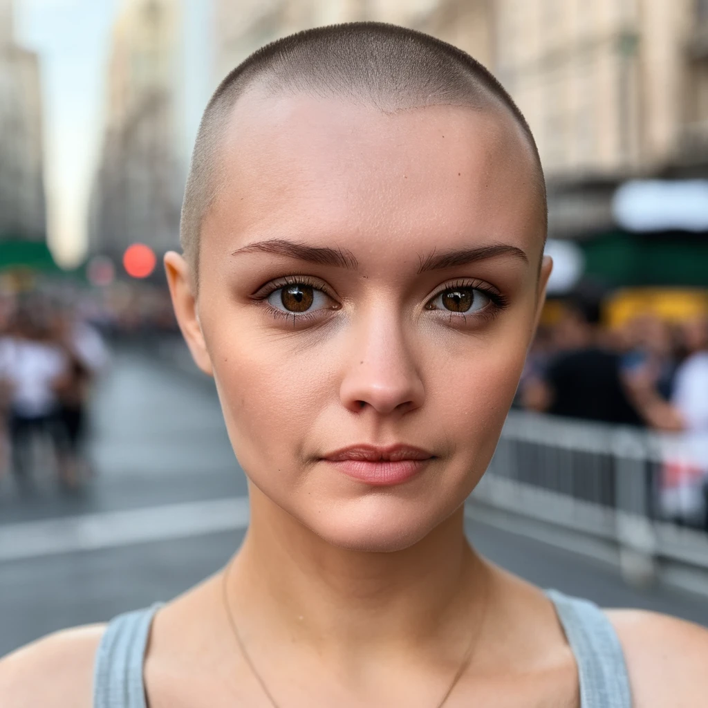 Buzzcut, no hair, bald, (Skin Texture, pores, natural,iPhone,RAW)), natural lighting, Highest Quality closeup Portrait photo of a woman wearing no makeup with a ((buzzcut)), Nikon Z9, realistic matte skin, blurry city in the background, 8K, olxcke, <lora:olcooke_juggerX_xl_1_st_wocap_merger_97_99_66_028_042_03-olxcke:1>
