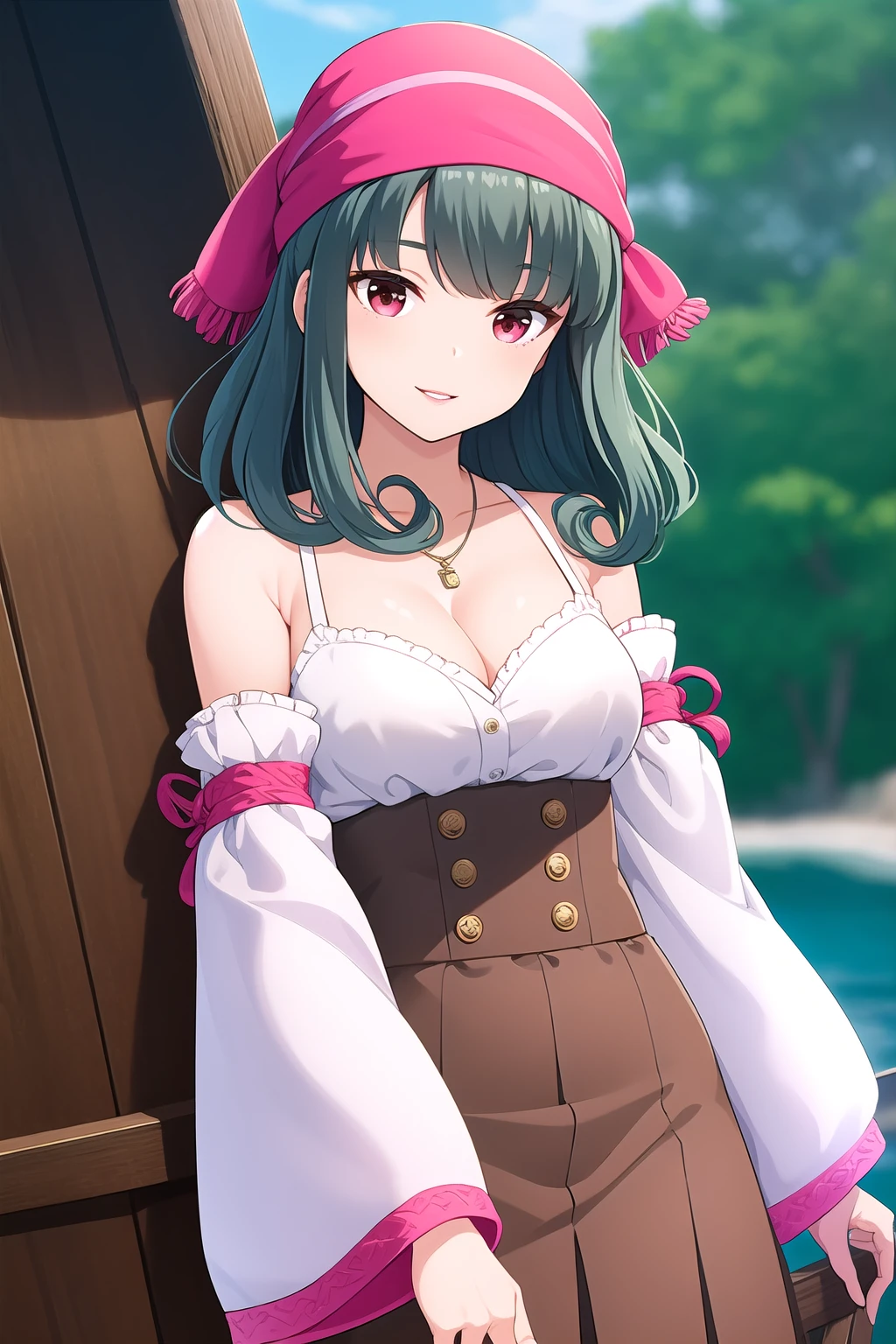 (masterpiece, best quality), highly detailed background, perfect lightingbest quality, shinomiyarisa, solo, outdoors, watercraft, pirate, bandana, green hair, hair intakes, blunt bangs, curly hair, medium hair, red eyes, medium breasts, necklace, jewelry, white shirt, cleavage, bare shoulders, puffy long sleeves, detached sleeves, white sleeves, brown skirt, smile, closed mouth, parted lips, pink lips, <lora:Shinomiya-Risa:0.7>