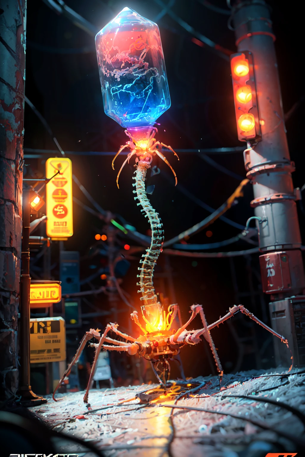 ((masterpiece,best quality)), absurdres,   <lora:Bacteriophage:0.7>,  Bacteriophage, no humans, skeleton, bone,  <lora:Scifi_Environment_Concept_Art:0.8>,   minimalist, game asset, cinematic, movie poster, cold colors, pink theme, neon glow,  reflection, city, sign, power lines, lamppost, cyberpunk, neon lights,