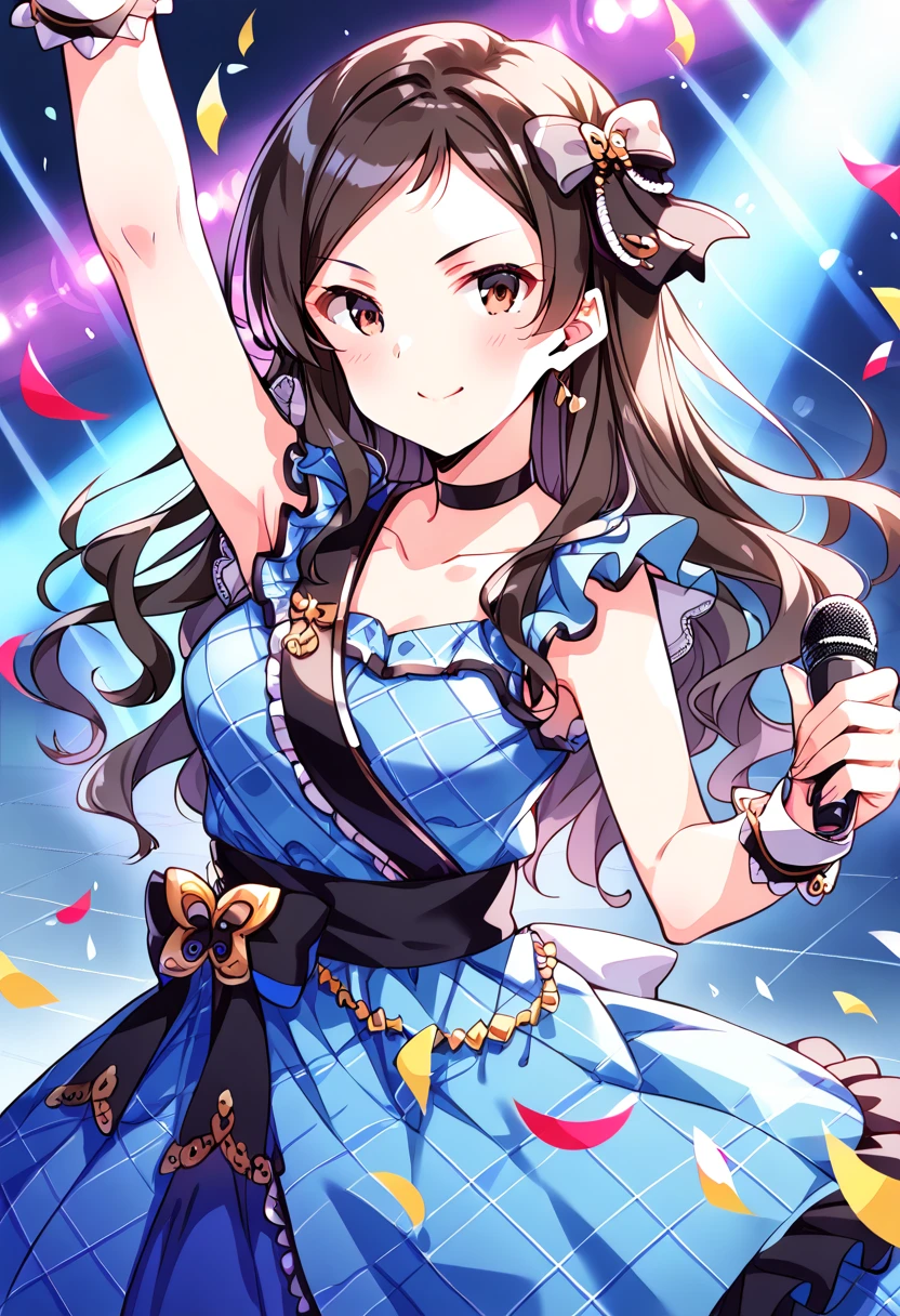 score_9, score_8_up, score_7_up, source_anime BREAK
1girl, microphone, long hair, solo, confetti, brown eyes, smile, black hair, v, brown hair, looking at viewer, blue dress, holding microphone, w, jewelry, blush, hair ornament, arm up, frills, v-shaped eyebrows, collarbone, streamers, ring, short sleeves, wristband, cowboy shot, closed mouth, pose, parted bangs, standing, hair bow, sleeveless dress, frilled dress, armpits, argyle, frilled sleeves, upper body, wavy hair, blue skirt, wrist cuffs, dot nose, hair ribbon, grey ribbon, black choker, outstretched arm, plaid dress, hand up, sash, checkered dress, checkered clothes, medium breasts, stage, stage lights
<lora:kitazawa_shiho_sdxl_pony_locon_v2:0.7>