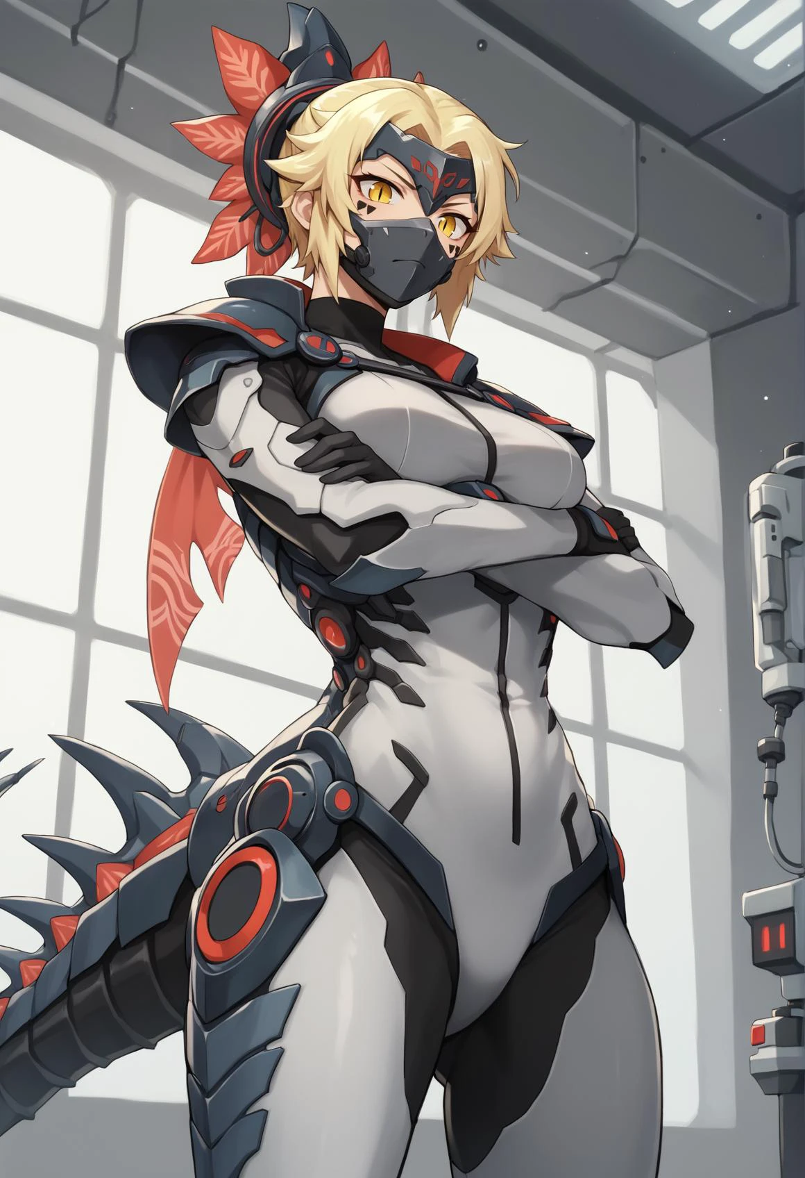 1girl, reptile girl, blonde hair, short hair, ponytail, hair ornament, facial mark, multicolored hair, yellow eyes, bodysuit, mechanical tail, armor, arm blade, slit pupils, mouth mask, crossed arms, indoors, laboratory, from below  <lora:dinomorphia_kentregina:1>, score_9, score_8_up, score_7_up, score_6_up, score_5_up, score_4_up, BREAK source_anime, masterpiece