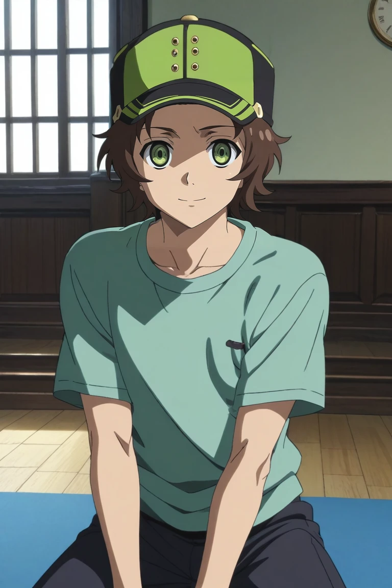 score_9, score_8_up, score_7_up, source_anime, rating_safe, intricate details, anime screencap, anime coloring, , looking at viewer, , 1boy, solo, male focus, <lora:yoichi_saotome_pony:0.88>, yoichi_saotome, brown hair, green eyes, short hair, hat, straight-on, fantasy land, indoors, dark, yoga, half-closed eyes, smile, , <lora:sdxl_lightning_8step_lora:1>