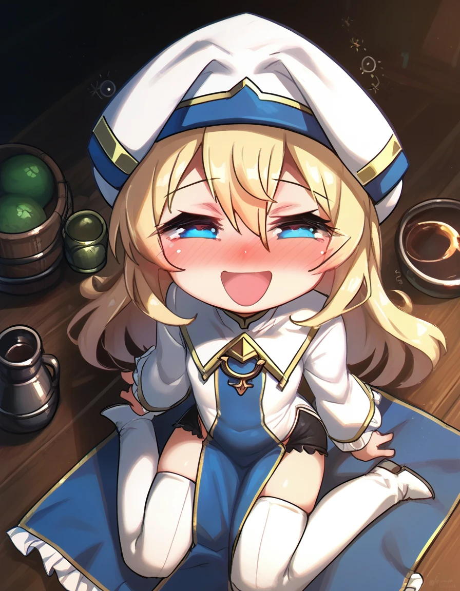 score_9, score_8_up, score_7_up,score_6_up, a girl drunk is sitting on a table, in a tavern, smile, open mouth, half-closed eyes, from above, wariza, nose blush,
<lora:porforever_style_pony6_v1:.8> looking at viewer <lora:priestess_goblin slayer_PONY_epoch-000020:0.6> priestess-default,priestess \(goblin slayer!\),blue eyes,long hair, blonde hair,white headwear,white dress,frilled sleeves, blue pelvic curtain,(black shorts:0.9),thighhighs,white boots, priestess-shirt,