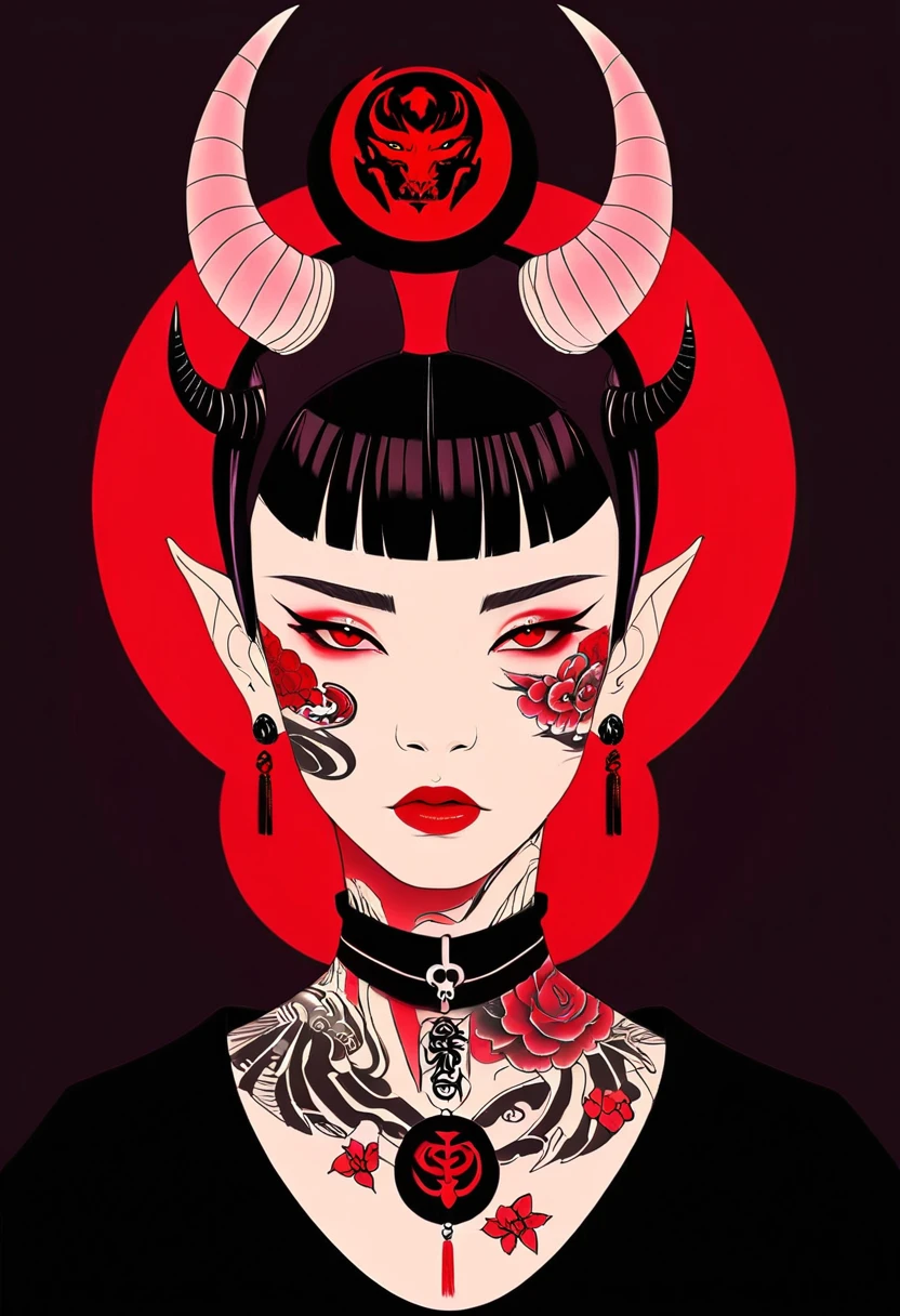 an illustration of a woman with horns on her head and a black dress in front of a red background, 1girl, solo, looking at viewer, short hair, bangs, simple background, black hair, red eyes, jewelry, upper body, earrings, japanese clothes, horns, choker, artist name, blunt bangs, kimono, lips, tattoo, piercing, ear piercing, red background, oni, red lips, neck tattoo, nose piercing, lip piercing