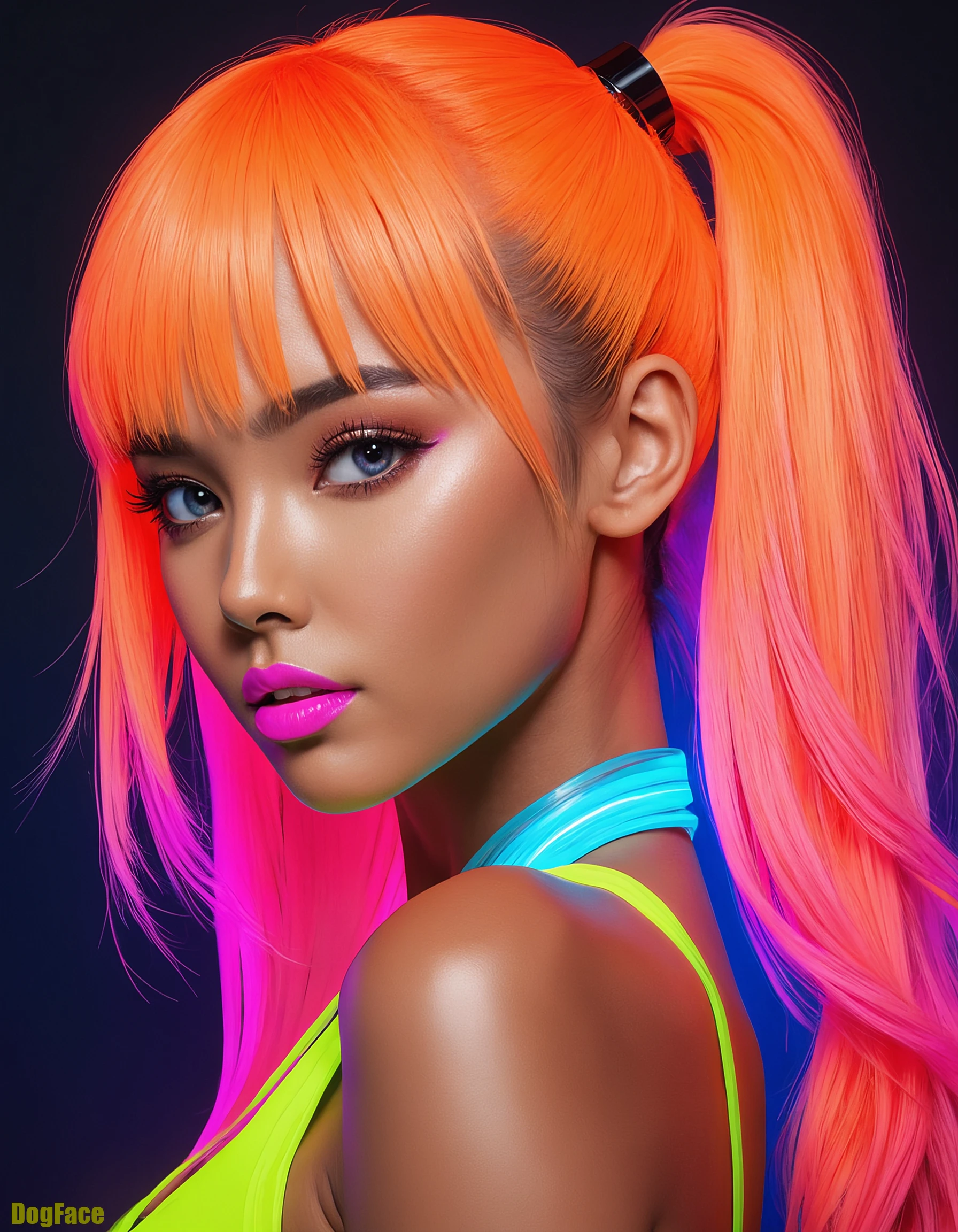 1girl, Epically beautiful Filipina, (dark-tan-skin:1.2), the audacity, Long-Multi-Colored-hair, ponytail, Long-Face-Framing-Bangs, (Epic Saturating-ambient-cascading blacklight UV Lighting:1.3), (Epic high contrast Ombre color scheme of neon orange, neon pink, neon blue, neon yellow, neon green:1.3), (Epic Glowing UV neon lipstick:1.3), (Epic Glowing UV neon professional glitter-makeup:1.3), Ray Tracing, 2.5D Render, Unreal Engine 5 Render, Deep Shadows, Dark-Mood-Lighting, Epic-Detail, 8k,