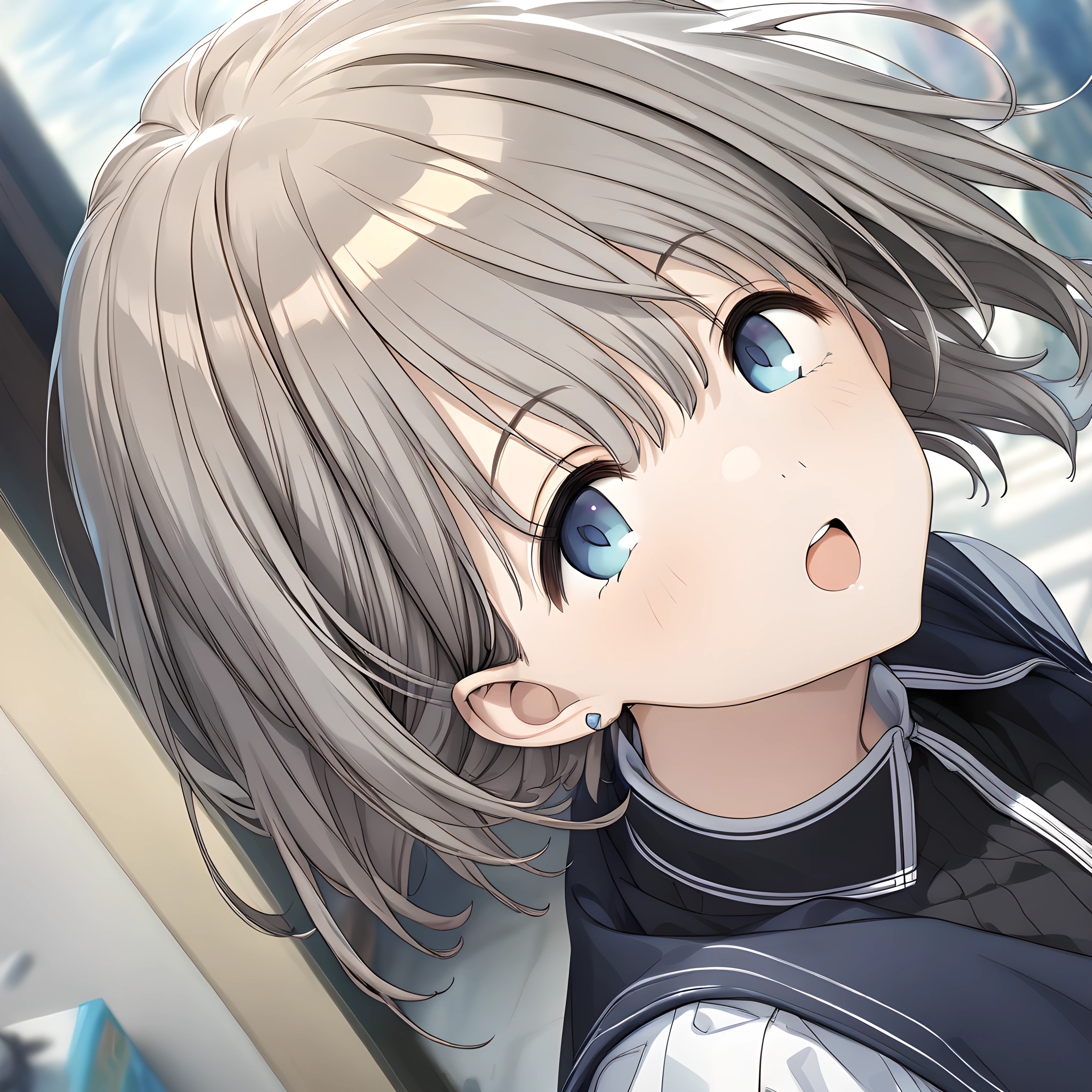 (masterpiece),(best quality),(ultra-detailed),(best illustration),(best shadow),(absurdres),(detailed background),(very aesthetic), asahi serizawa, 1girl, blue eyes, solo, open mouth, jewelry, short hair, earrings, blurry, grey hair, bangs, potrait, <lora:asahiserizawa:1>