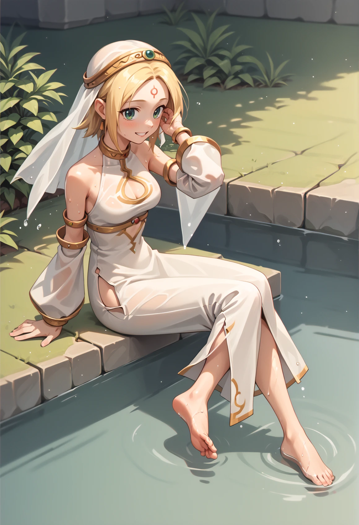 1girl, short hair, blonde hair, forehead, forehead mark, circlet, veil, white dress, clothing cutout, detached sleeves, silver armlet, jewelry, side slit, barefoot, wet, sitting, submerged feet, hand on hair, from side, looking to the viewer, smile, teeth, blushing  <lora:Fina_Skies_of_Arcadia_XL:1>, score_9, score_8_up, score_7_up, score_6_up, score_5_up, score_4_up, BREAK source_anime, masterpiece