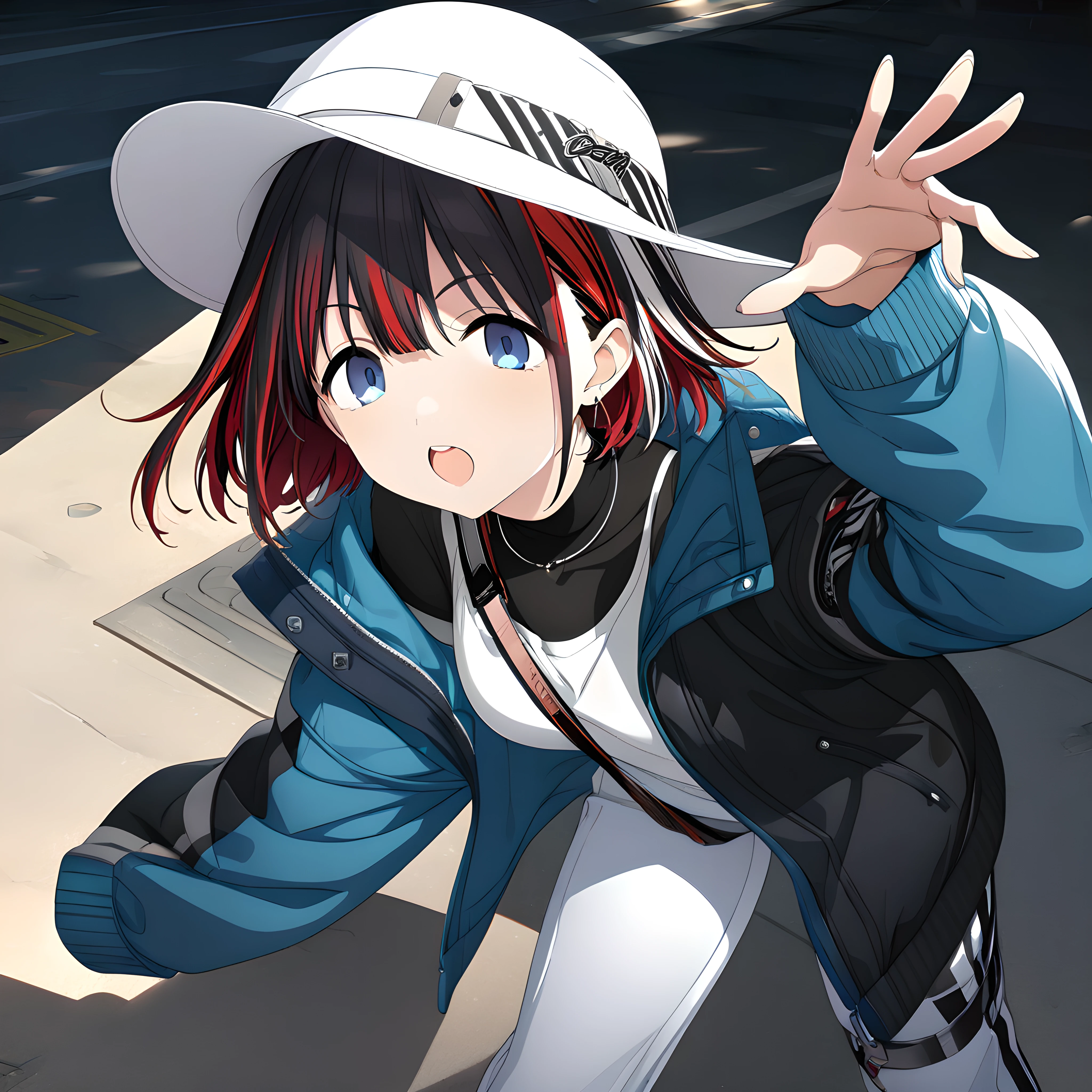 (masterpiece),(best quality),(ultra-detailed),(best illustration),(best shadow),(absurdres),(detailed background),(very aesthetic),asahi serizawa, casualoutfit, 1girl, solo, jacket, blue eyes, hat, black background, open mouth, shirt, jewelry, multicolored hair<lora:asahiserizawa:1>