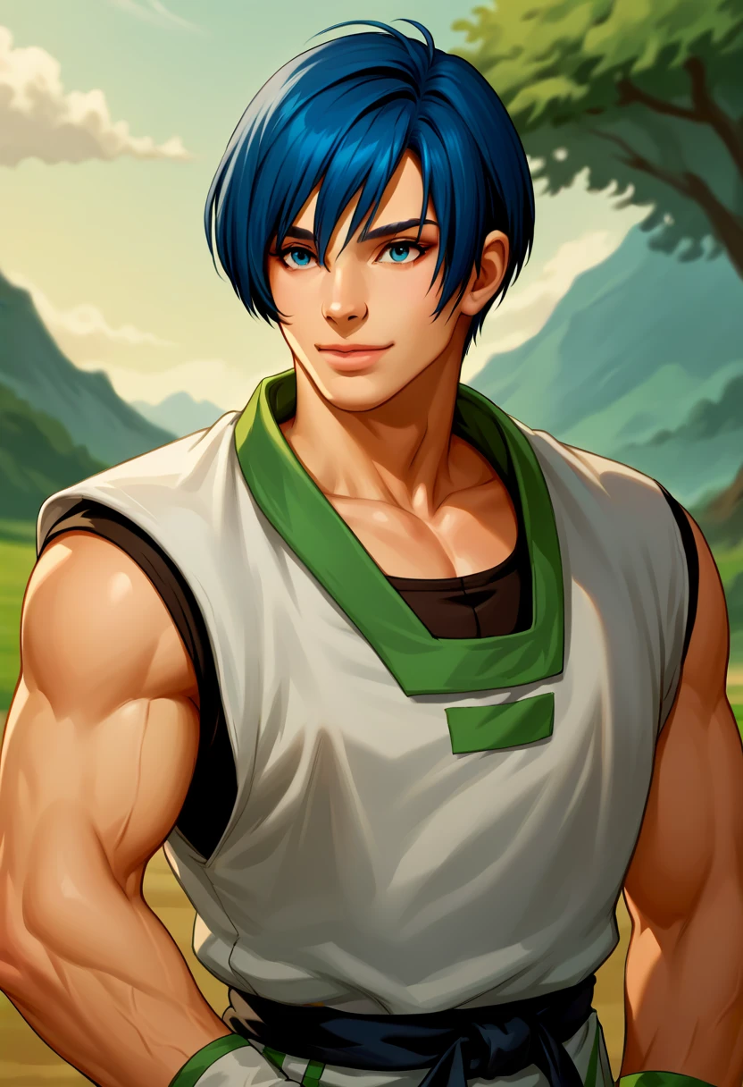 score_9, score_8_up, score_7_up, masterpiece, best quality, amazing quality, best aesthetic, ,absurdres, kim jae hoon, blue hair, blue eyes, fingerless gloves, barefoot, white with green karate gi, source_<lora:EMS-367782-EMS:1.000000>