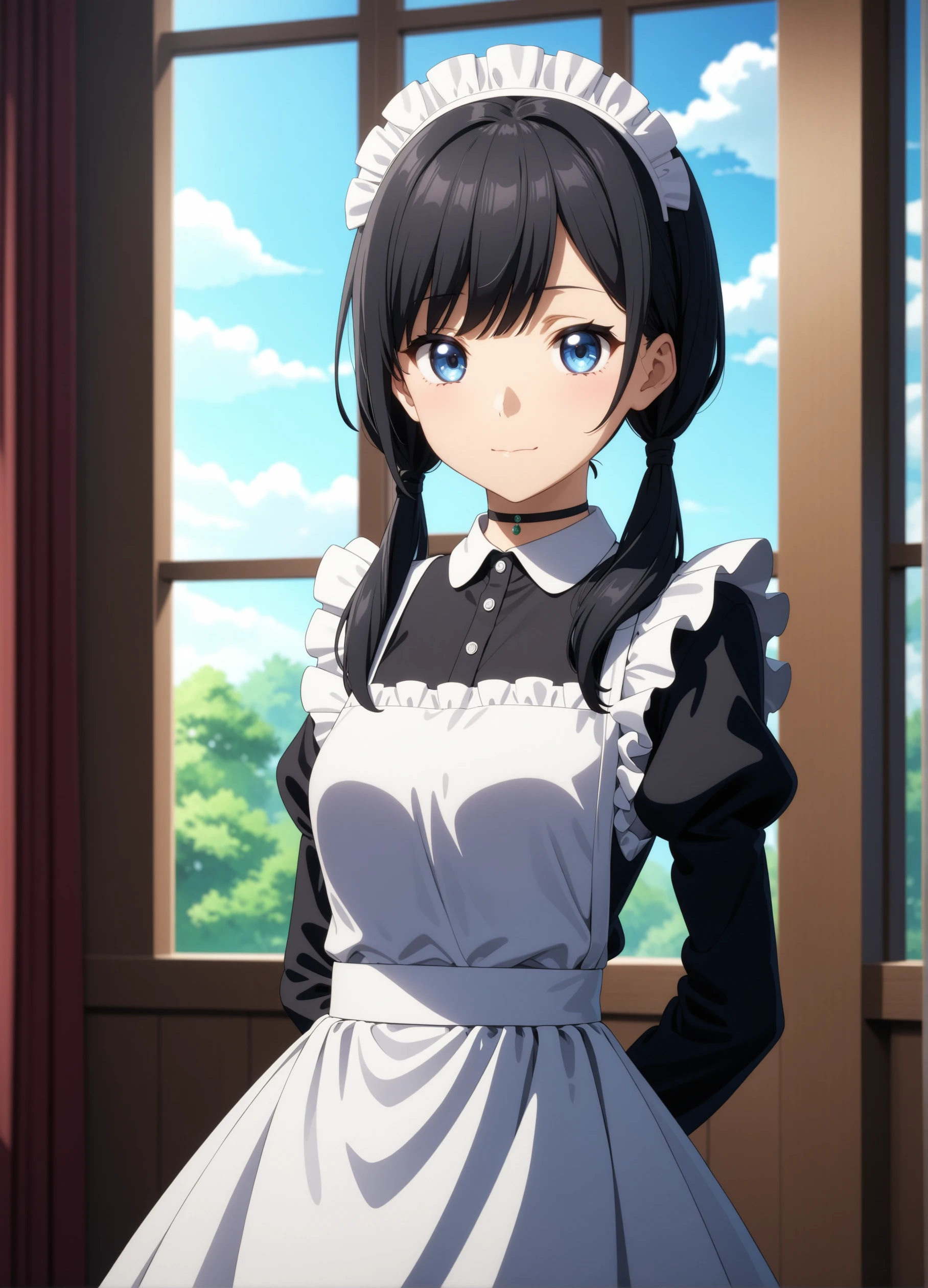 masterpiece, best quality, very aesthetic, ultra detailed, intricate details, 4k, anime style, anime coloring,
1girl, solo, twintails, long hair, bangs, low twintails, black hair, blue eyes, hair between eyes, tenki no ko, amano hina \(tenki no ko\),
maid, maid headdress, maid apron, lace trim, lace, long sleeves, puffy long sleeves,
cowboy shot, looking at viewer, indoors, bed, window, <lora:Amano_XL:1>