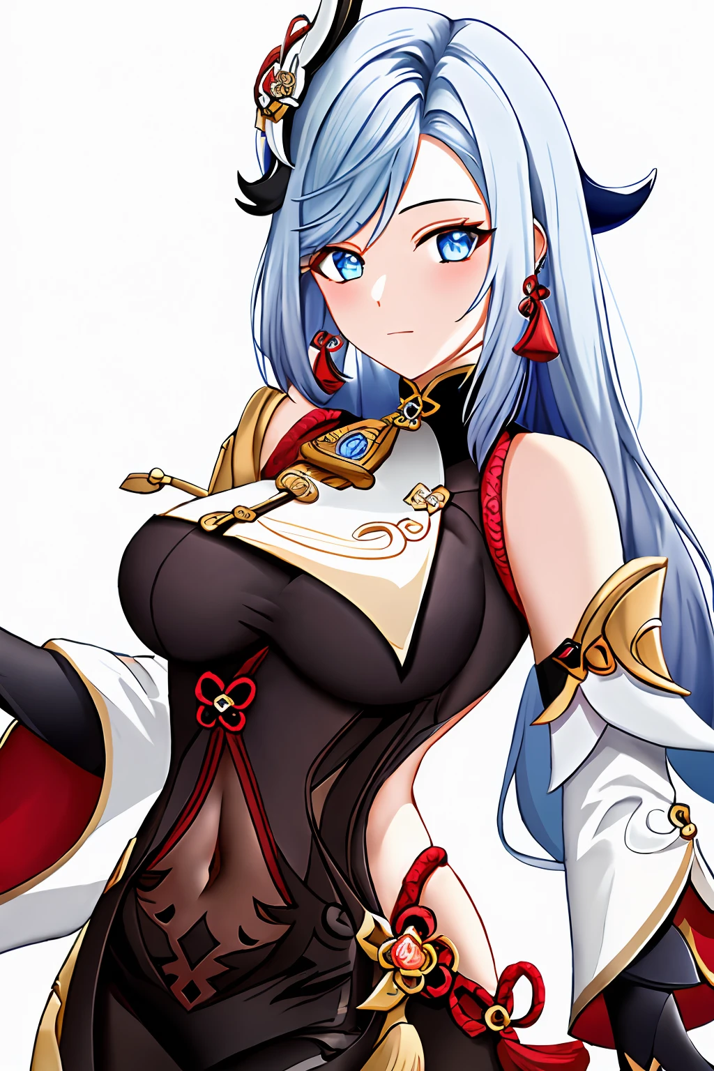 shenhe,1girl, black bodysuit, black gloves, blue eyes, bodysuit, braid, breast curtain, breasts, clothing cutout, covered navel, earrings, hair ornament, jewelry, large breasts, long hair, looking at viewer, partially fingerless gloves, polearm, puffy long sleeves, puffy sleeves, shenhe, shenhe \\(genshin impact\\), shoulder cutout, simple background, solo, tassel, tassel earrings, upper body, weapon, white hair <lora:shenhe_v5-000015:0>