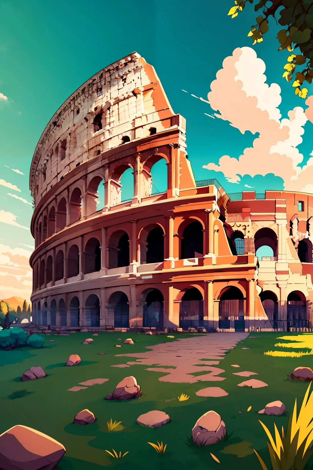 ((masterpiece, best quality)), <lora:Colosseum:0.8>, high resolution, highly detailed,  Colosseum, sky, day, artist name, cloud, tree, blue sky, no humans, watermark, cloudy sky, grass, rock