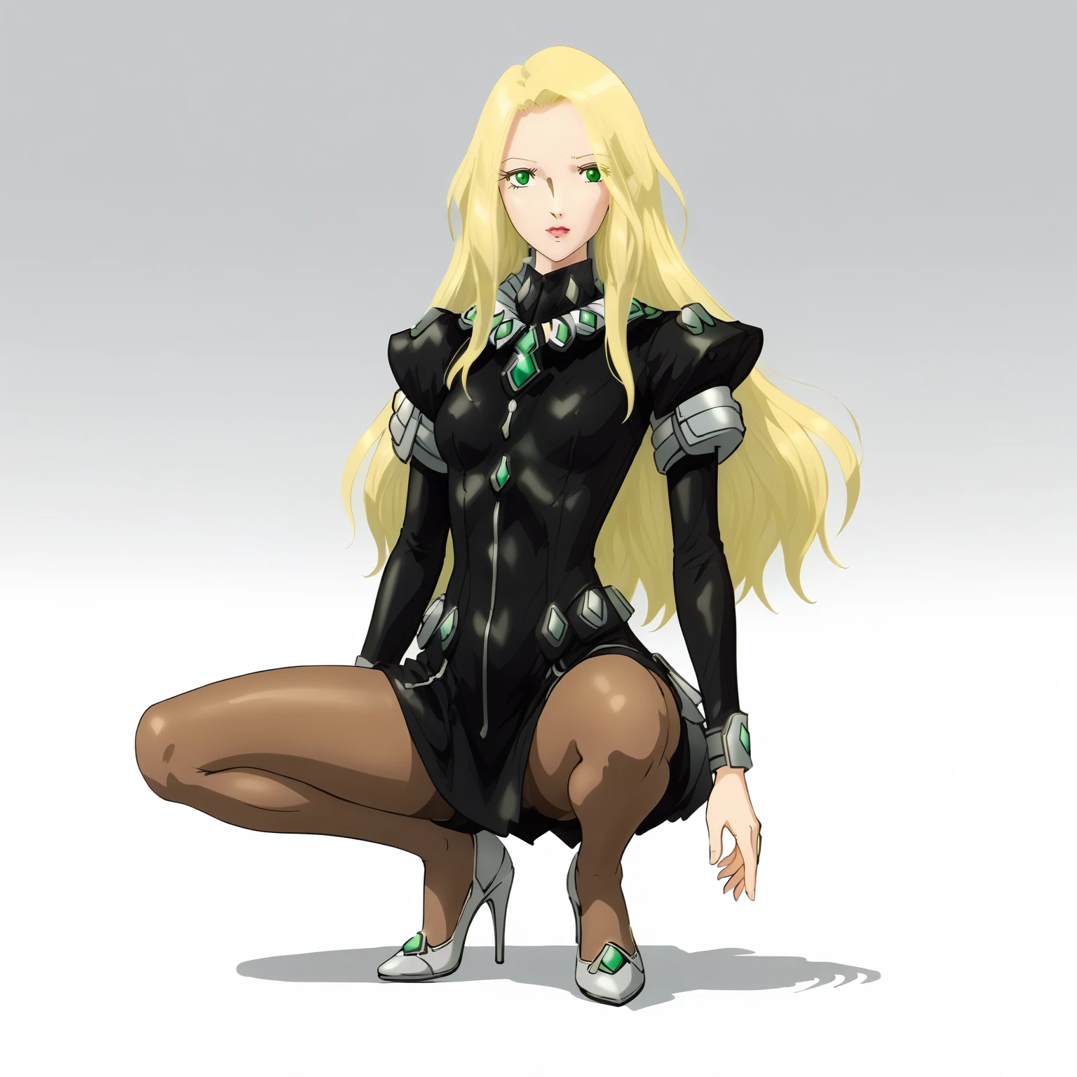 <lora:FatimaPasitheaXLpony002>,
solo,
FatimaPasithea,1girl,blonde hair,long hair,green eyes,
black body suit,black dress,
brown pantyhose,
high_heels,
full body,squatting,