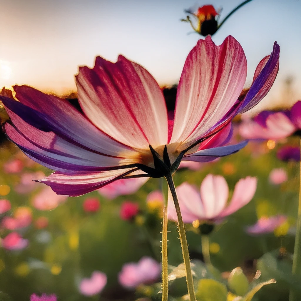 Best quality,masterpiece,ultra high res,(photorealistic:1.2),<lora:cosmos_bipinnatus:1>,cosmos_bipinnatus,flower,no humans,blurry,still life,depth of field,pink flower,outdoors,scenery,field,purple flower,<lora:åå½±:0.8>,