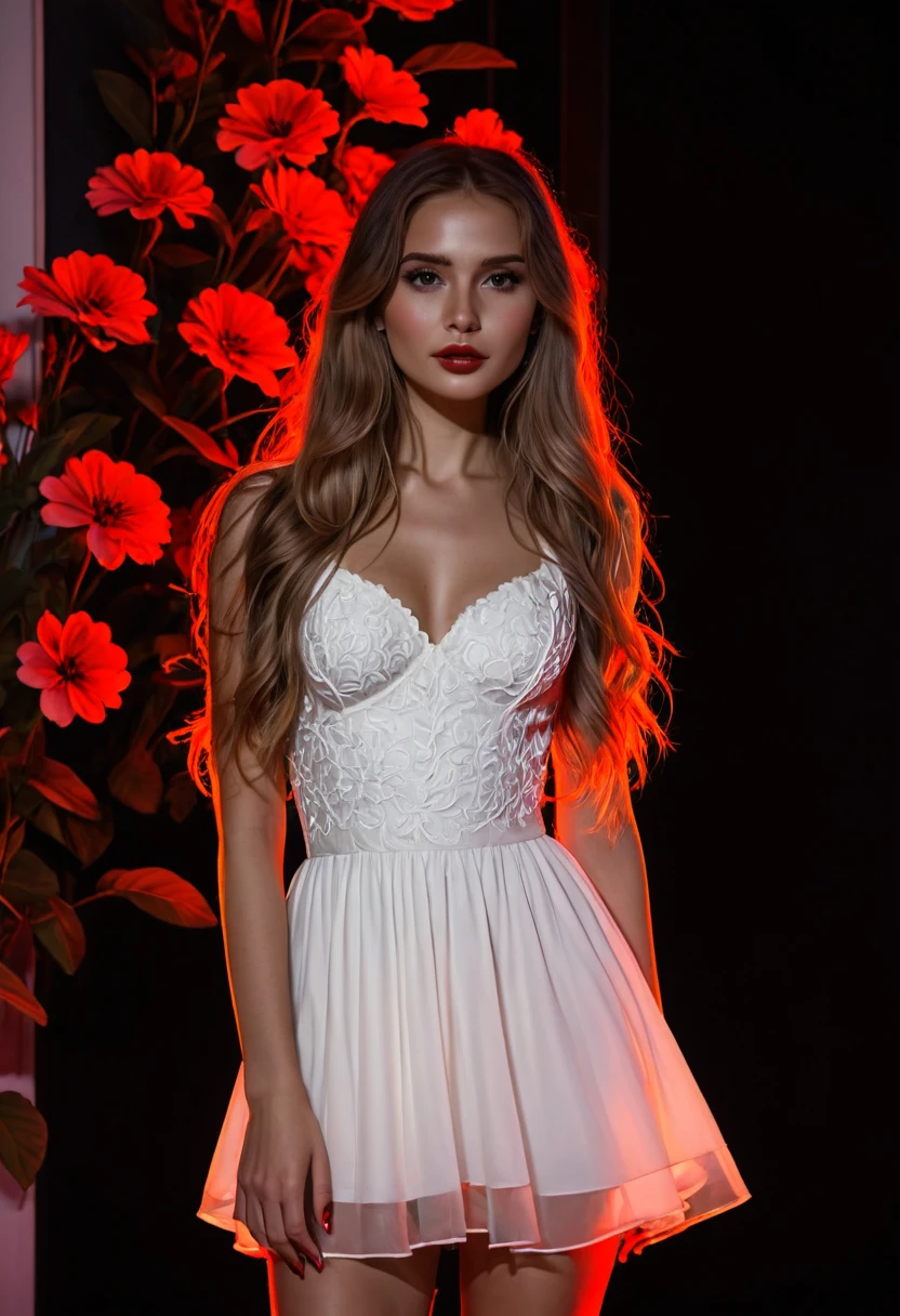 beautiful girl,flowers, long hair, short white dress, red light contour <lora:light_contour_sdxl:1>