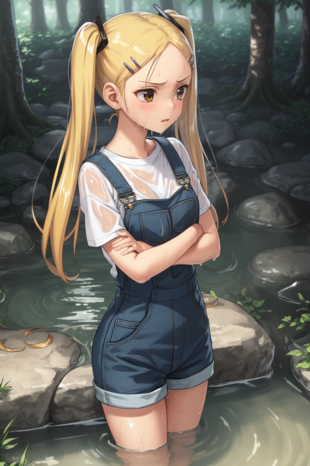 (masterpiece, best quality:1.2), 1girl, (:t:1.2), upset, tearing up, brown eyes, blonde hair, twintails, hairclip, forehead BREAK white t-shirt, pink overalls, crossed arms BREAK (partially submerged:1.1), (wet, wet clothes, dripping), forest, river