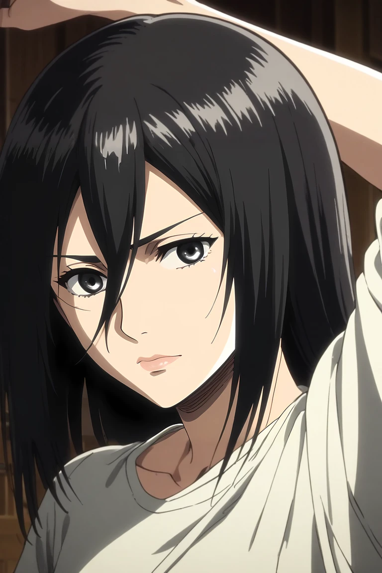 score_9, score_8_up, score_7_up, source_anime, rating_safe, intricate details, anime screencap, anime coloring, official style, looking at viewer, , 1girl, solo, <lora:mikasa_ackerman_pony:1>, mikasa_ackerman, black hair, black eyes, , hair between eyes, long hair, lips, asymmetrical, times square, dark, stretching, wavy mouth, , <lora:sdxl_lightning_8step_lora:1>