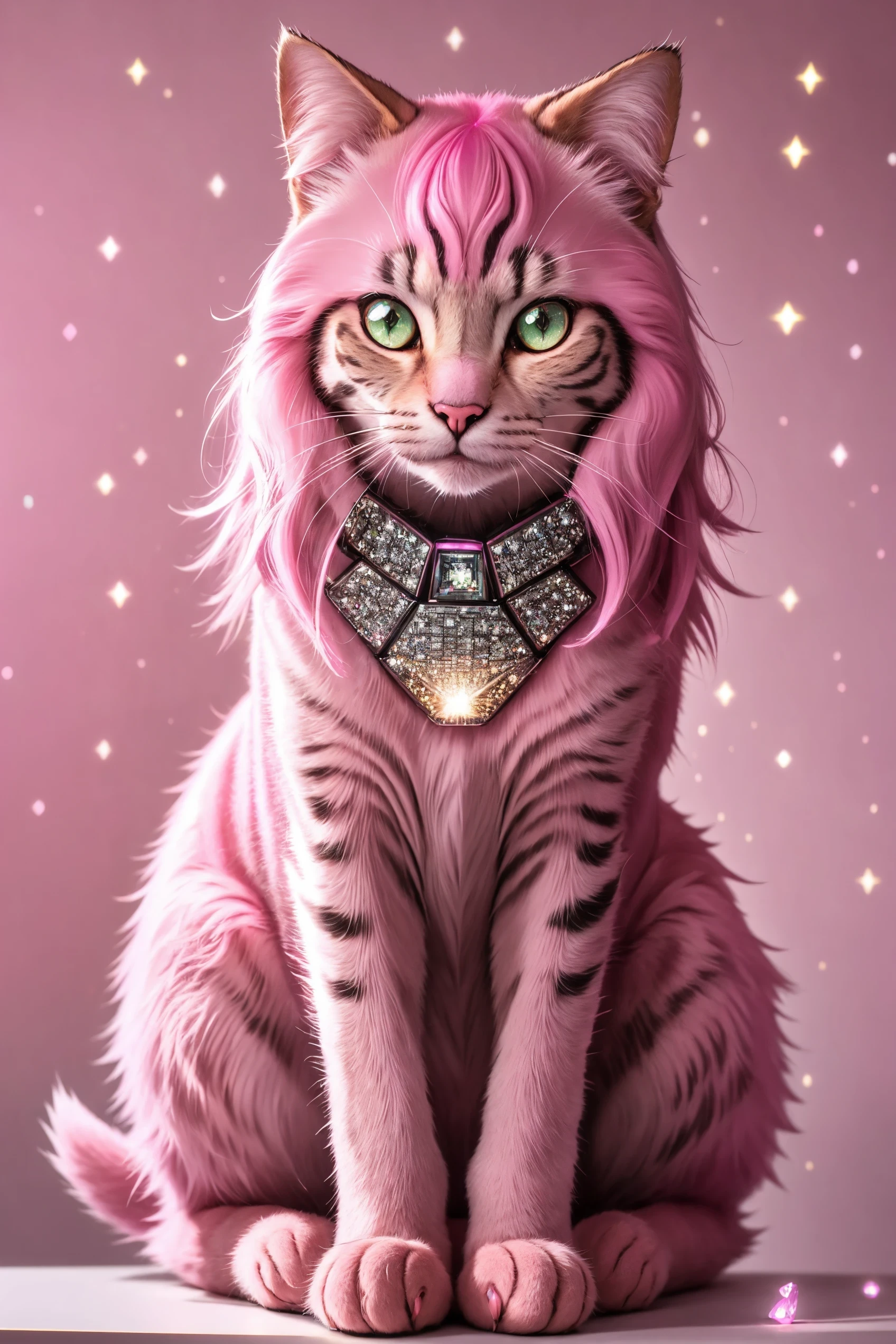 a girl cat,  glitter and diamond dust on furry hair, kawaii aesthetic, tatsuo miyajima, whimsical, realistic depiction of light, light magenta,
stone,
amazing, , , medium shot, sharp focus, focused, cgsociety, , detailed,