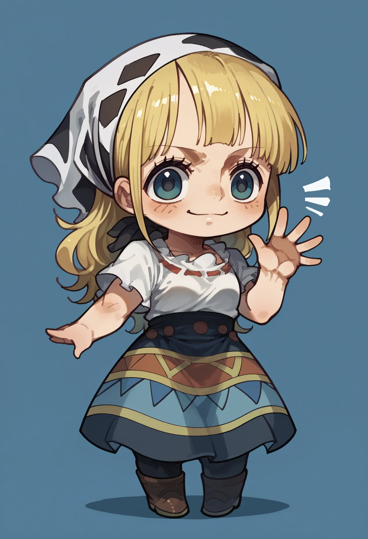 score_9, score_8_up, score_7_up, source_anime, RythModaOPPony, full body, waving, bandana, skirt, dress, standing, blue background, looking at viewer, chibi, <lora:ModaOPPony-101:1>,